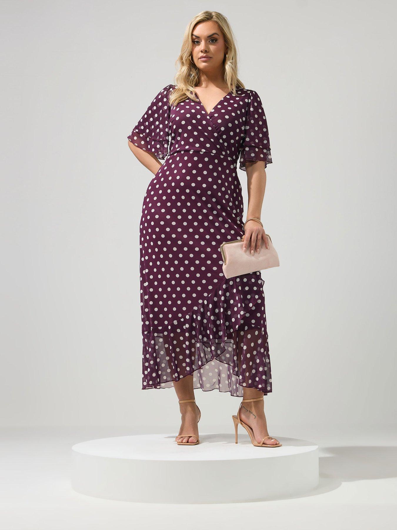 Image 1 of 5 of Yours Curve Polkdot Mesh Wrap Ruffle Dress - Burgundy