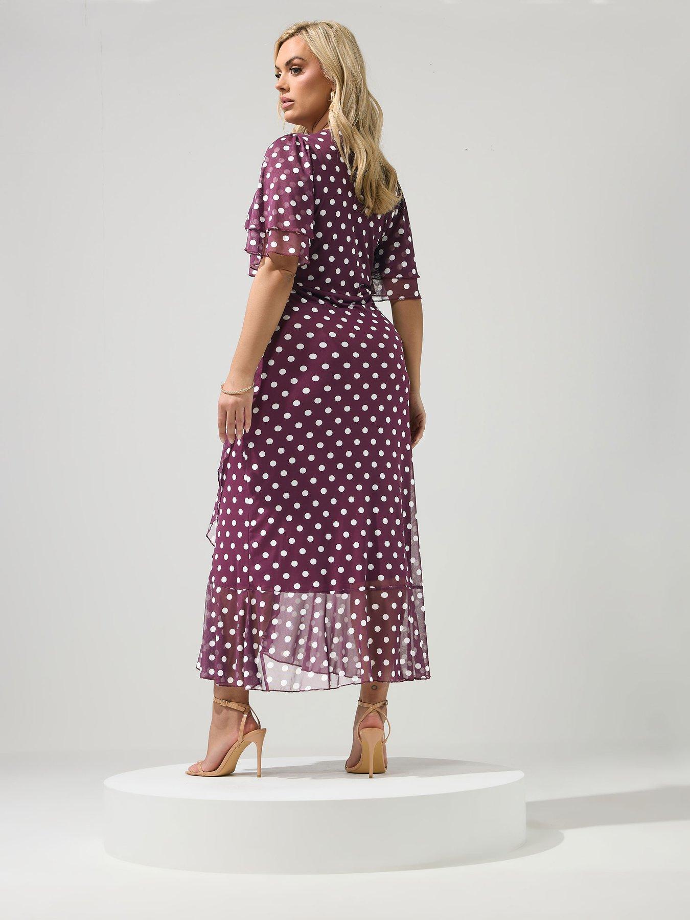 Image 2 of 5 of Yours Curve Polkdot Mesh Wrap Ruffle Dress - Burgundy