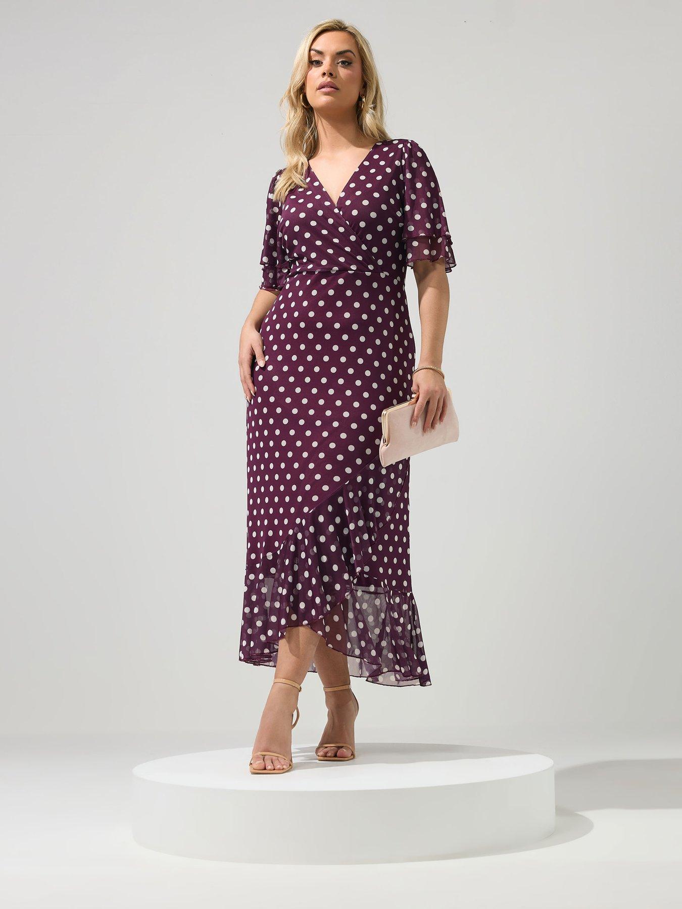 Image 3 of 5 of Yours Curve Polkdot Mesh Wrap Ruffle Dress - Burgundy