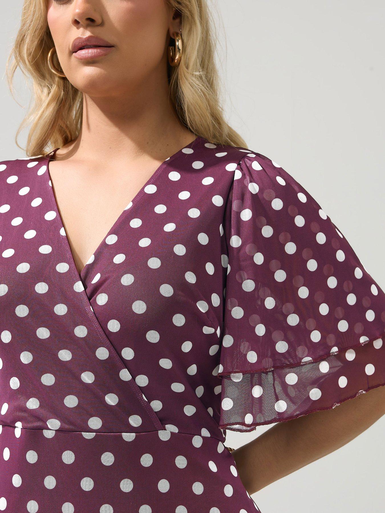 Image 4 of 5 of Yours Curve Polkdot Mesh Wrap Ruffle Dress - Burgundy