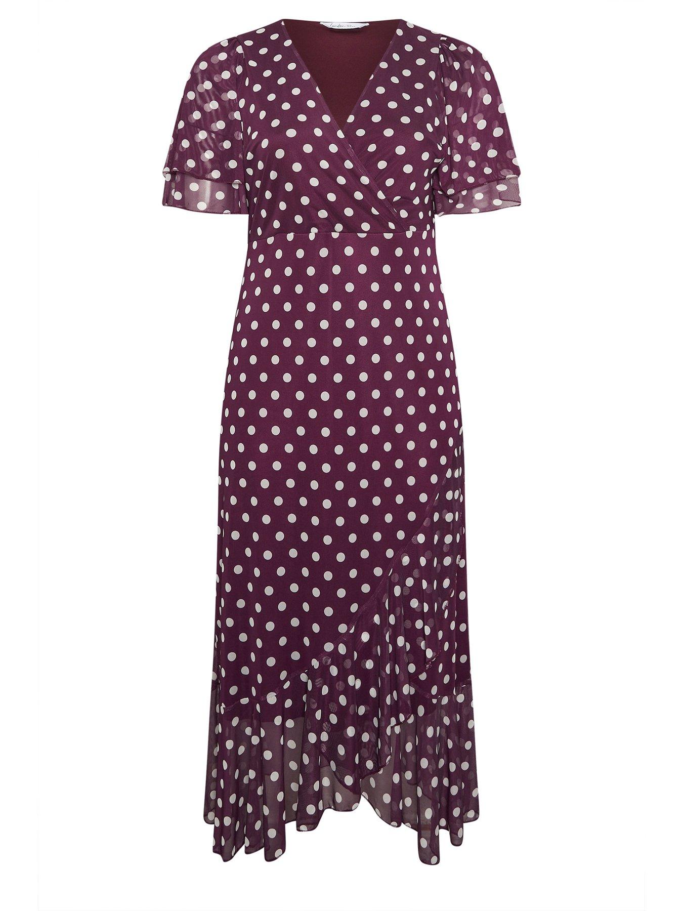 Image 5 of 5 of Yours Curve Polkdot Mesh Wrap Ruffle Dress - Burgundy