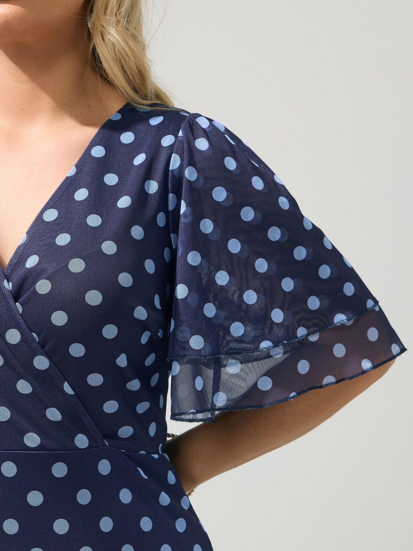 Image 4 of 5 of Yours Curve Polkdot Mesh Wrap Ruffle Dress