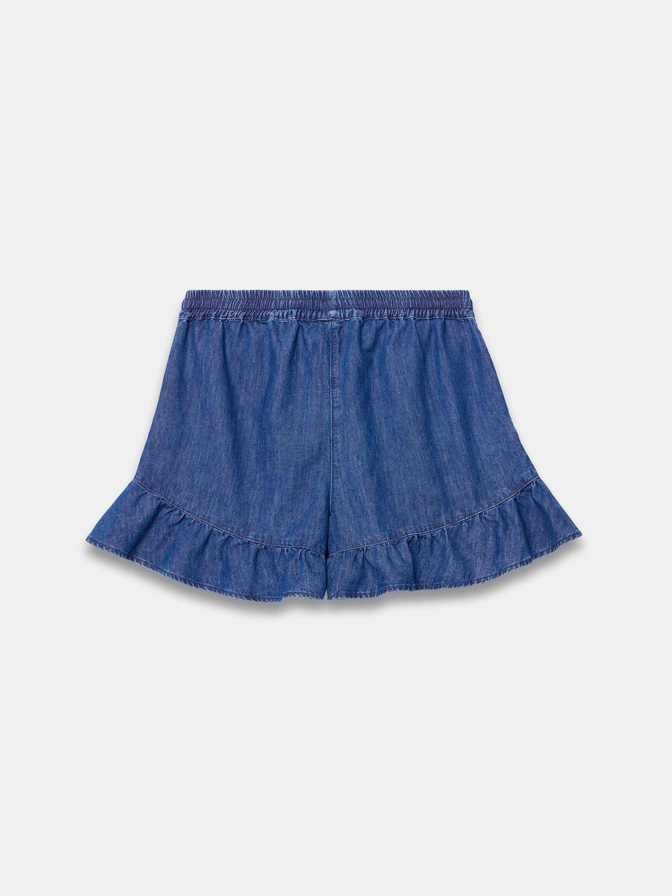  image of mint-velvet-mid-indigo-denim-ruffle-short-blue