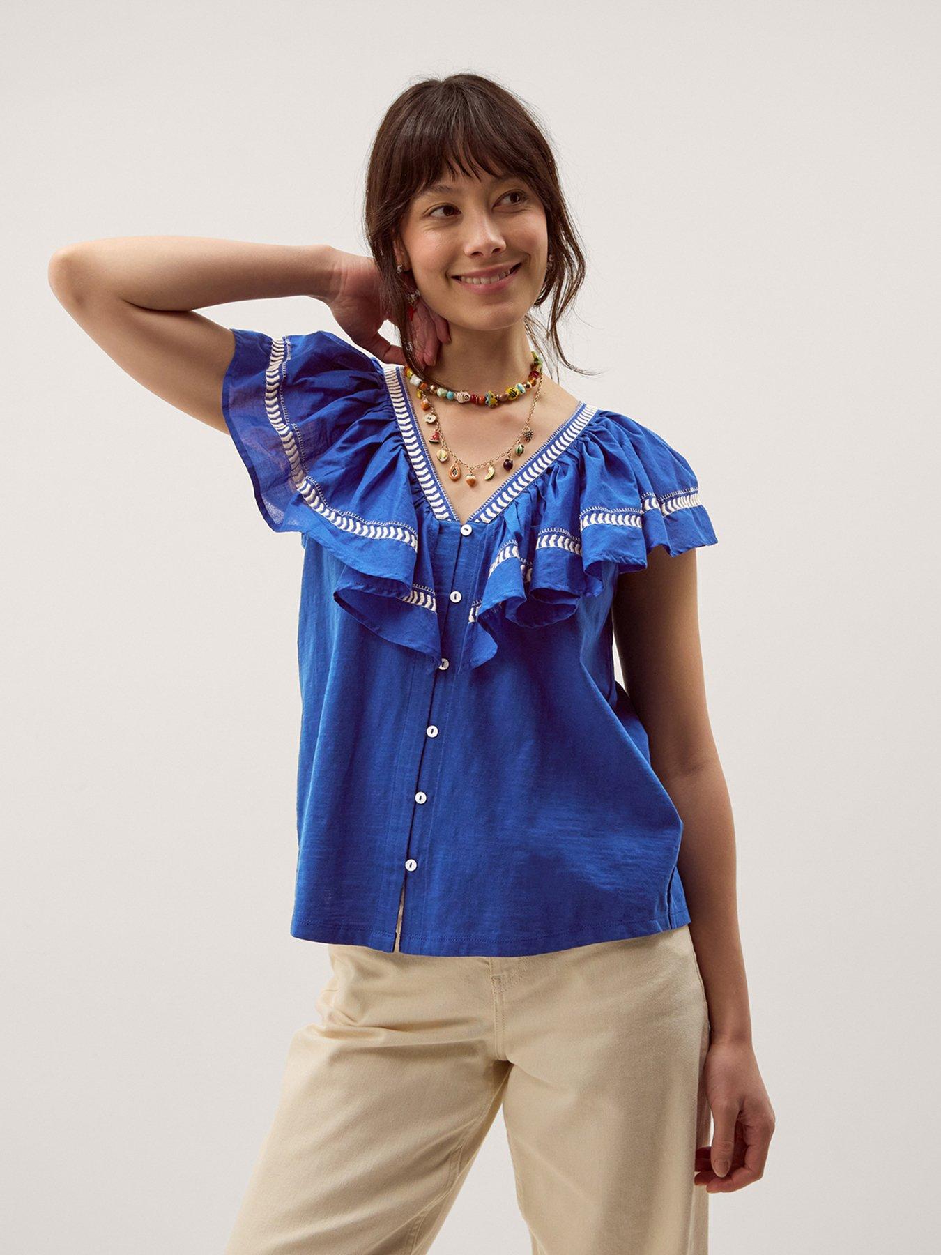 front image of monsoon-fenn-fabric-mix-top-blue