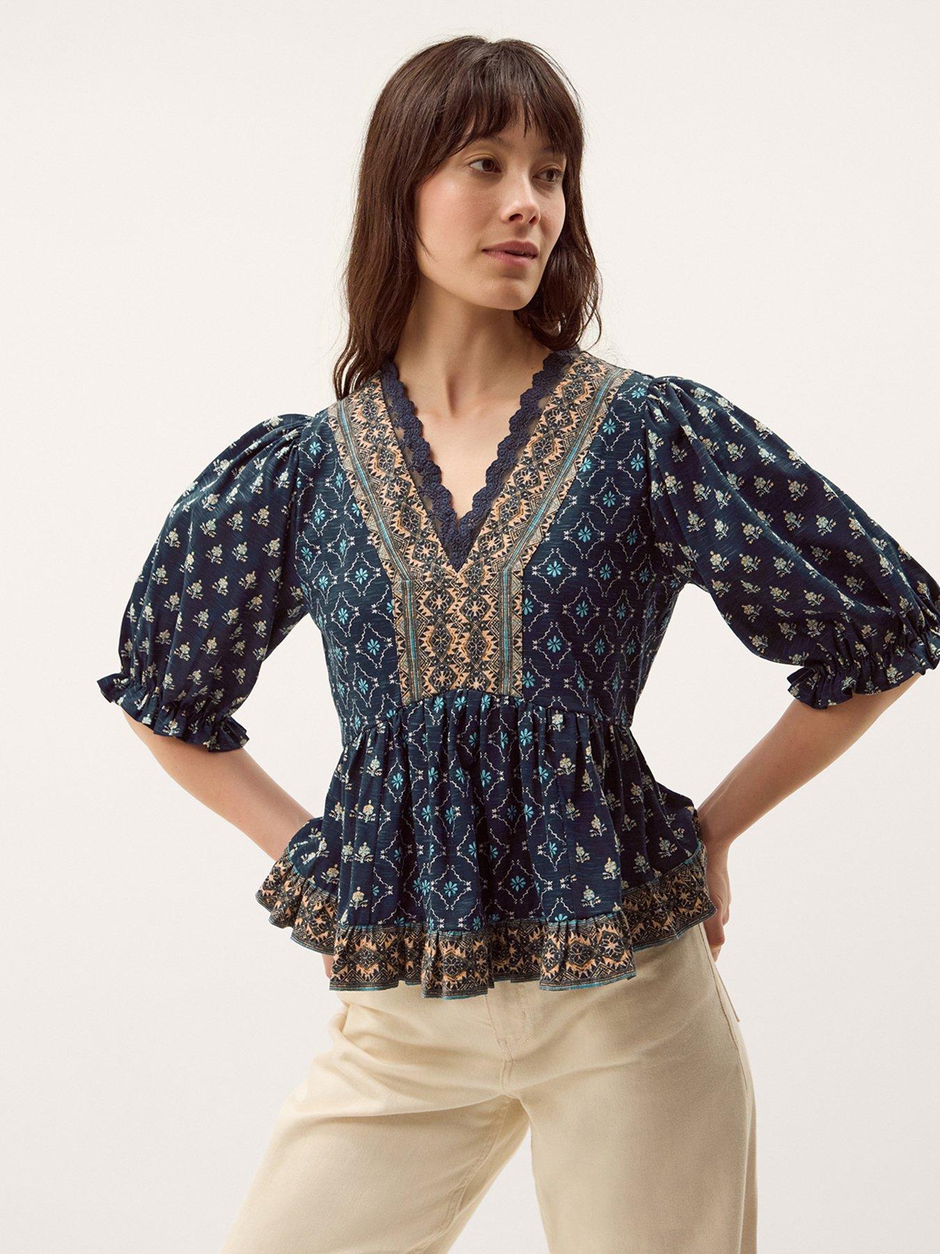 Image 1 of 4 of Monsoon Stacee Print Jersey Top - Blue