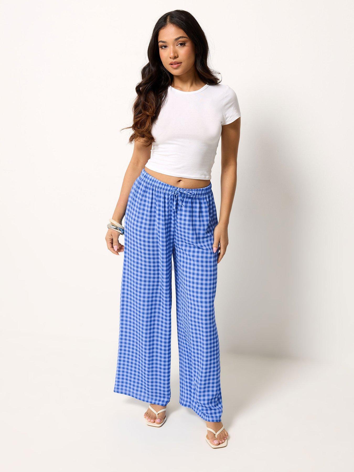 PixieGirl Petite Gingham Wide Leg Trousers - Blue