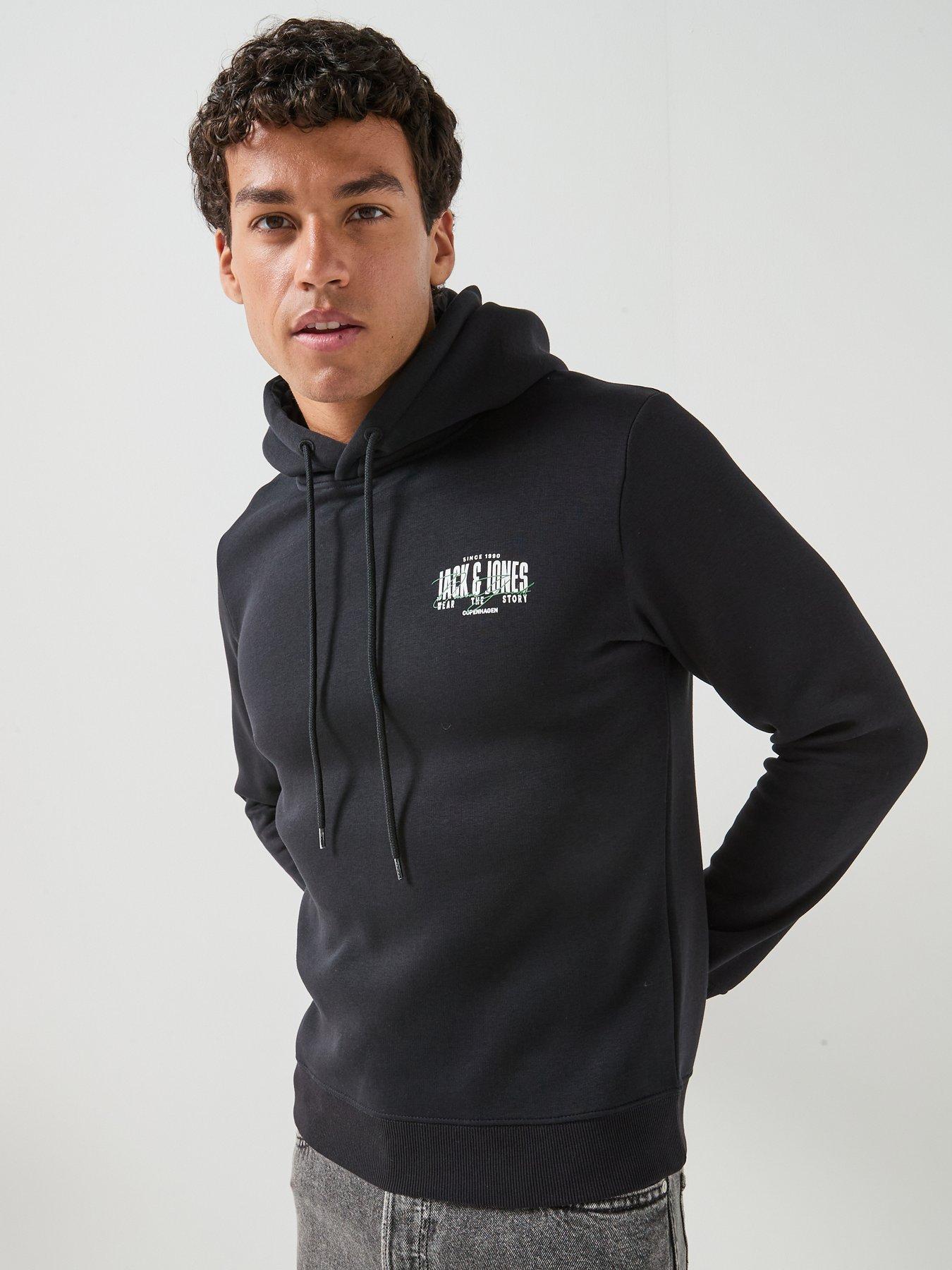 Jack & Jones Men's Logo Hoodie with Kangaroo Pocket - Black