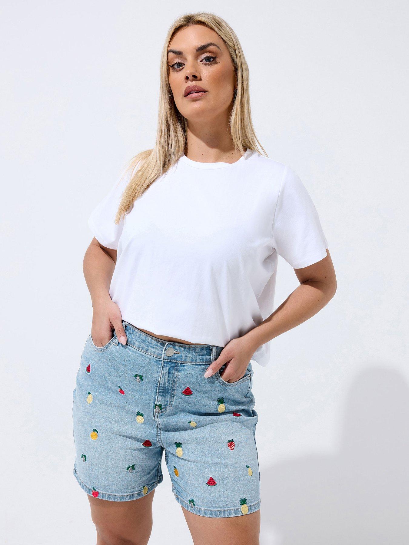 Yours Curve Fruit Embroided Denim Shorts - Blue