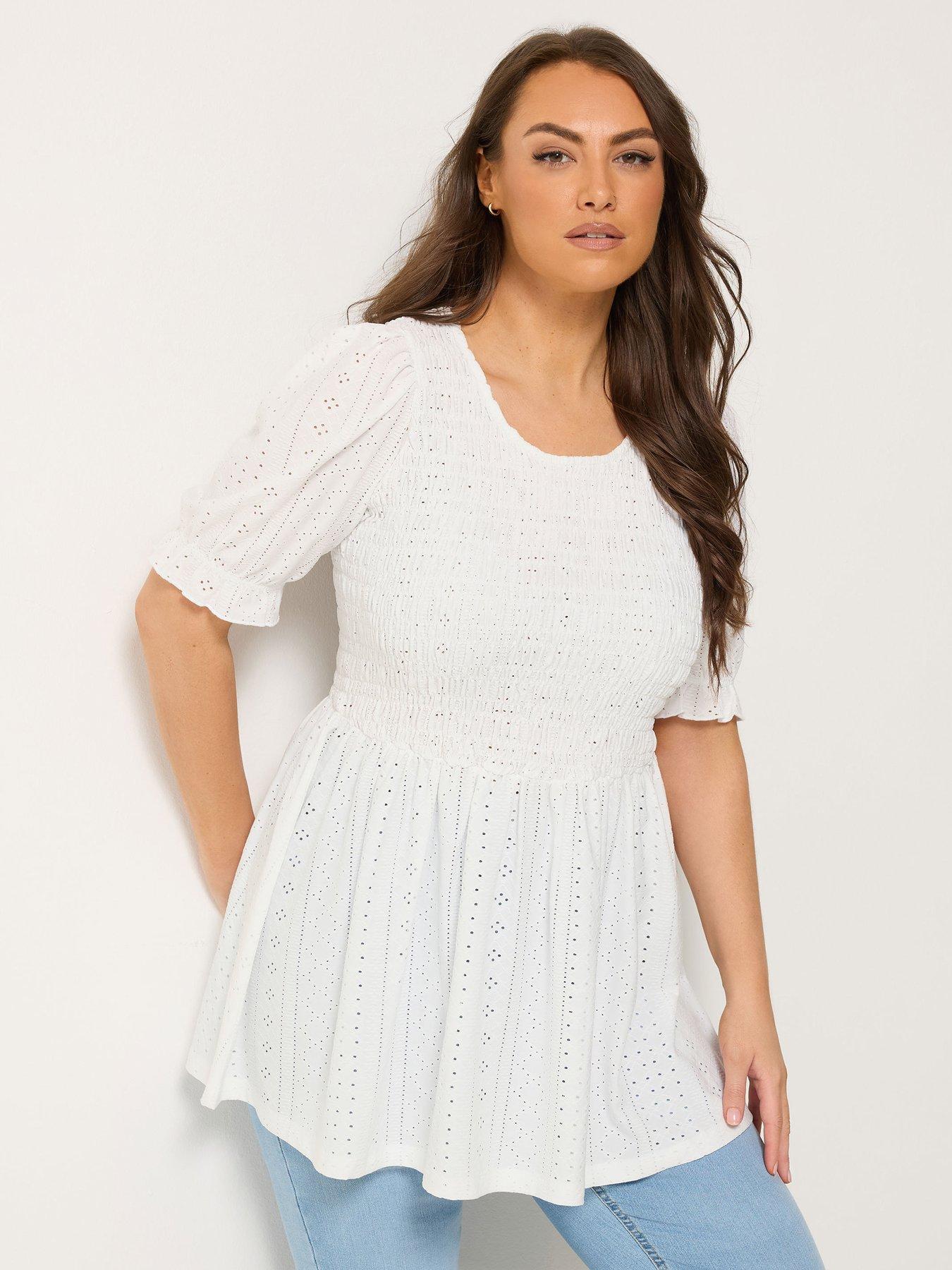 Yours Curve Shirred Puff Sleeve Top - White