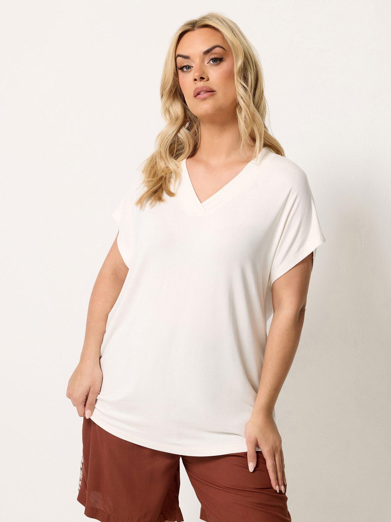 Yours Curve Wide V-Neck T-Shirt - Cream
