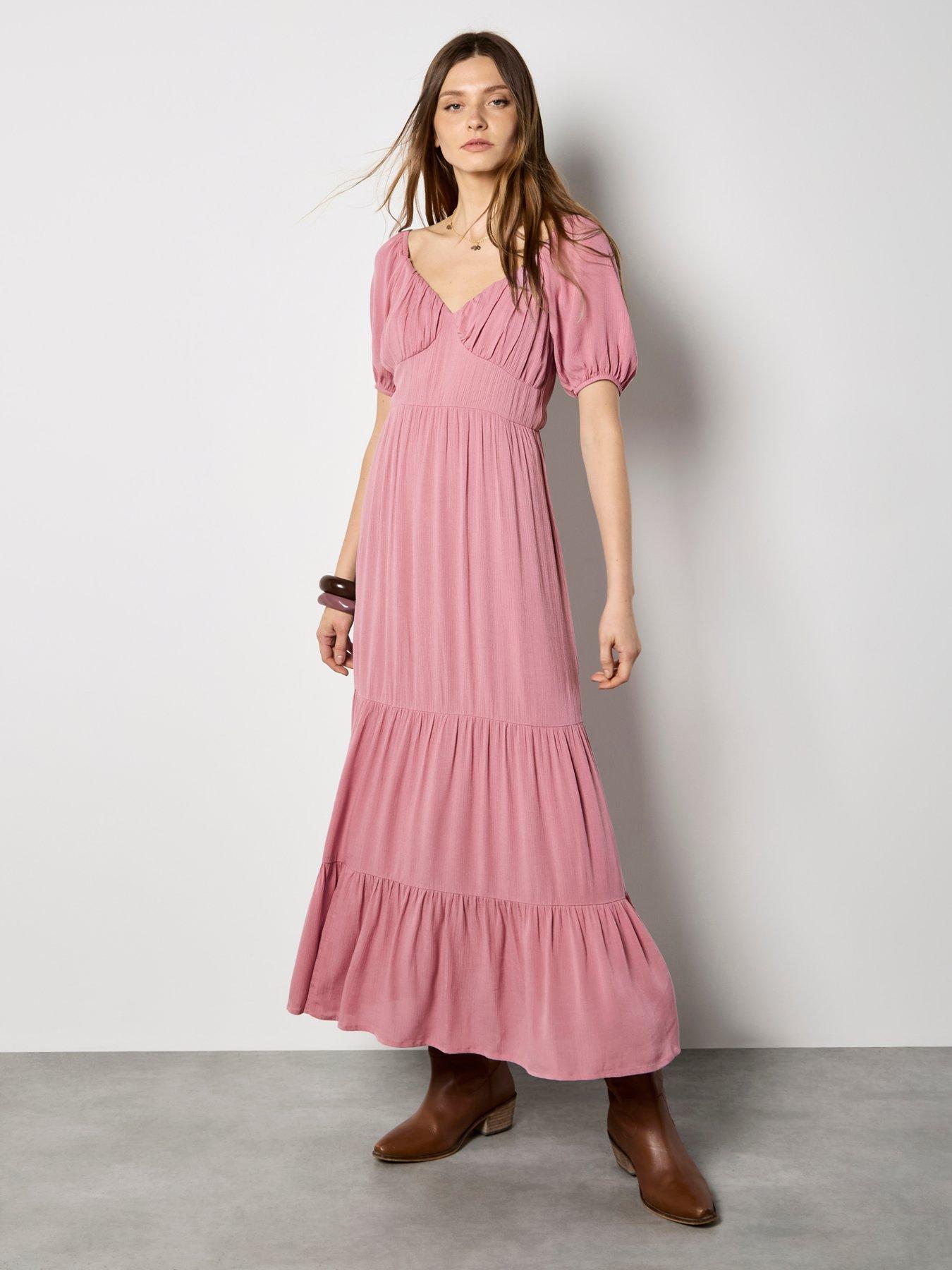 Apricot Crinkle Viscose Milkmaid Tiered Maxi Dress - Pink