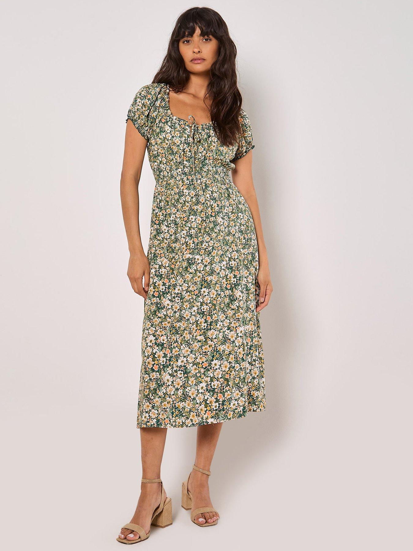 Apricot Milkmaid Midi Dress - Green