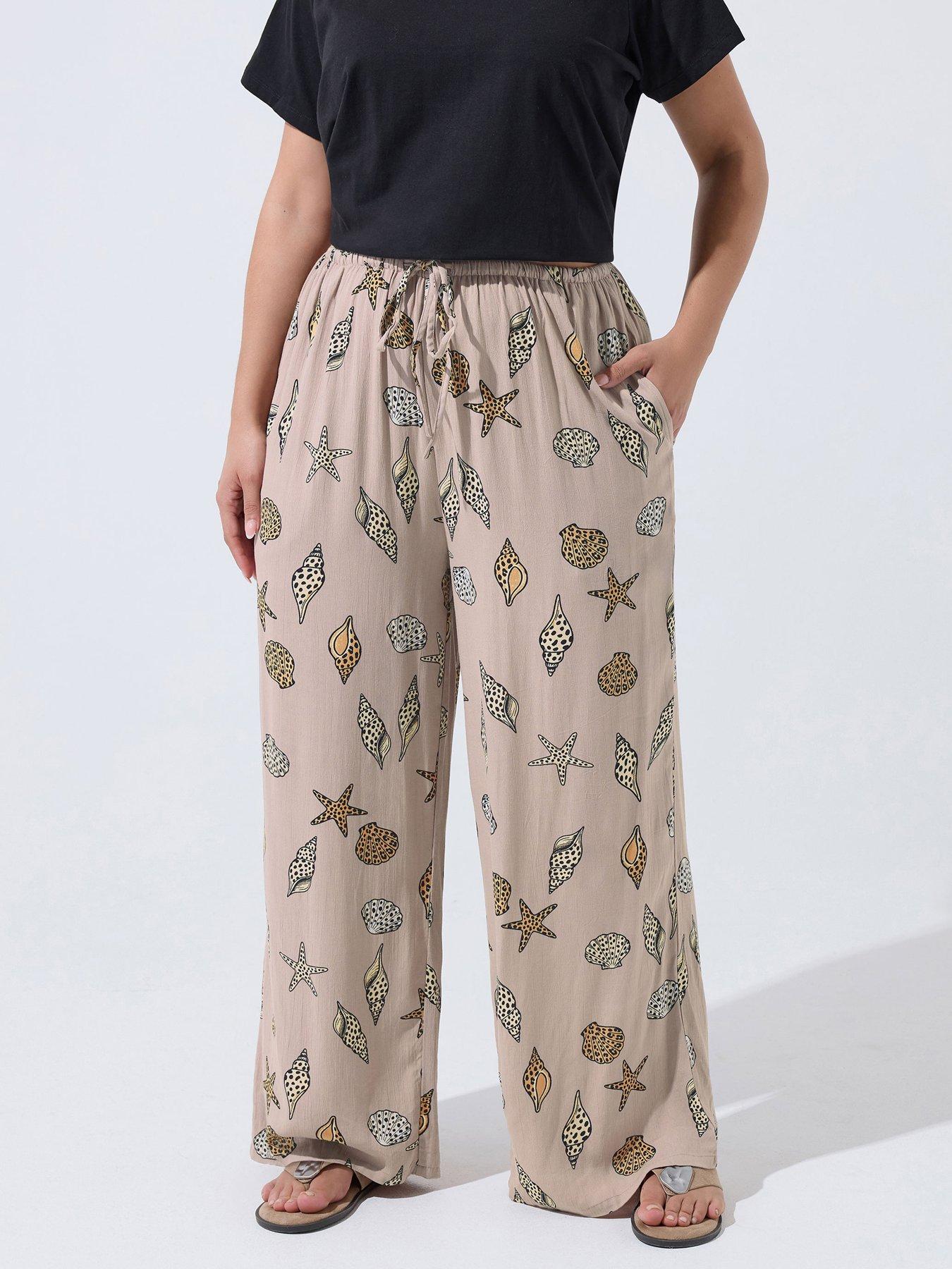 Yours Curve Crinkle Stripe Leopard Print Shell Detail Trousers - White ...