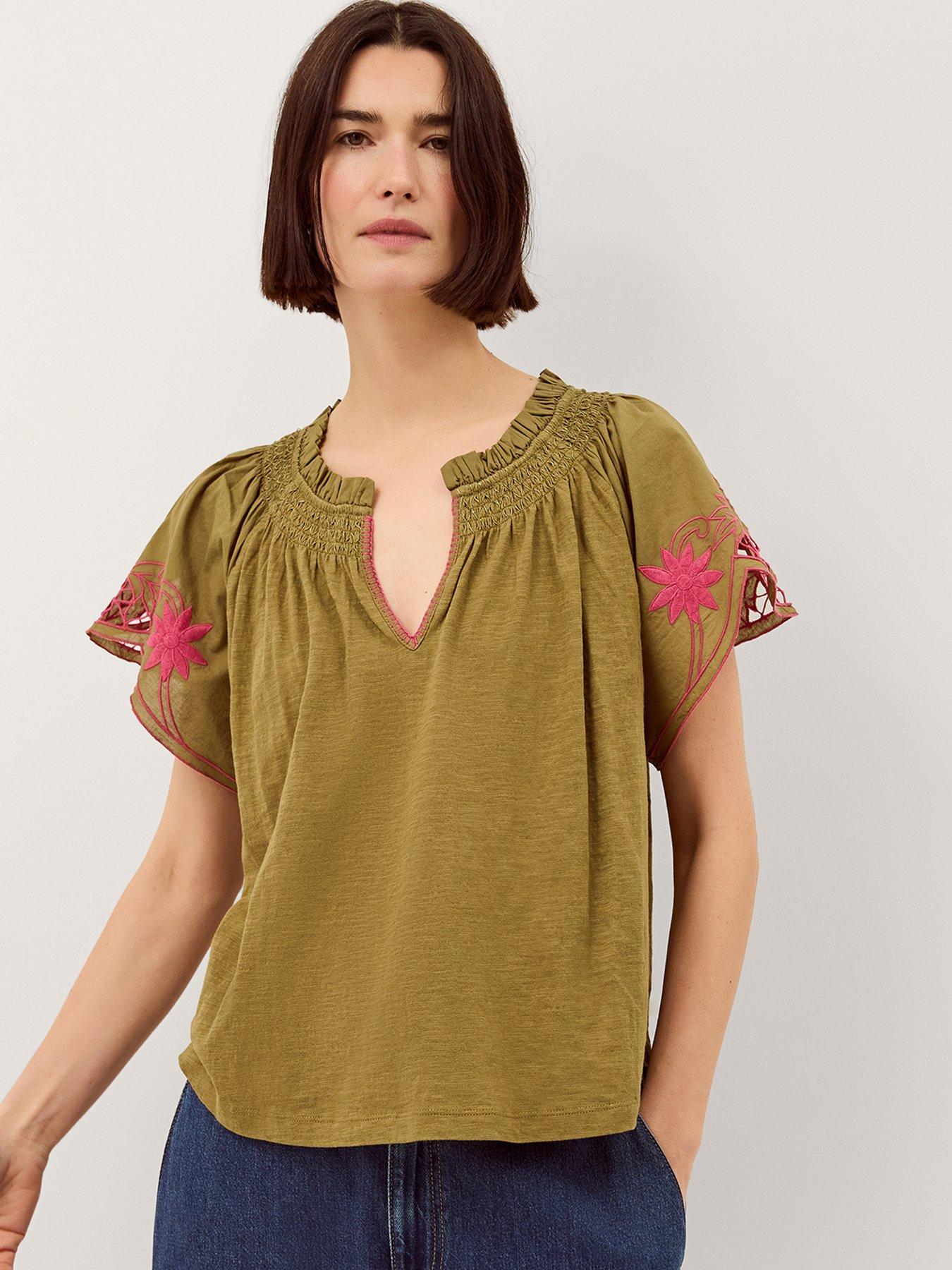 Image 1 of 4 of Monsoon Fiona Fabric Mix Top - Green