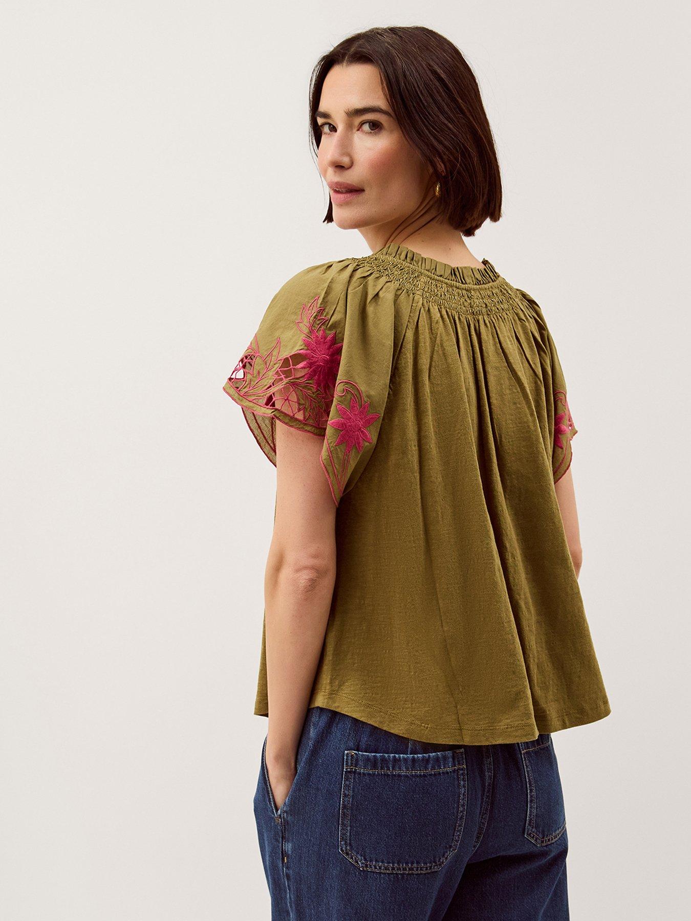 Image 2 of 4 of Monsoon Fiona Fabric Mix Top - Green