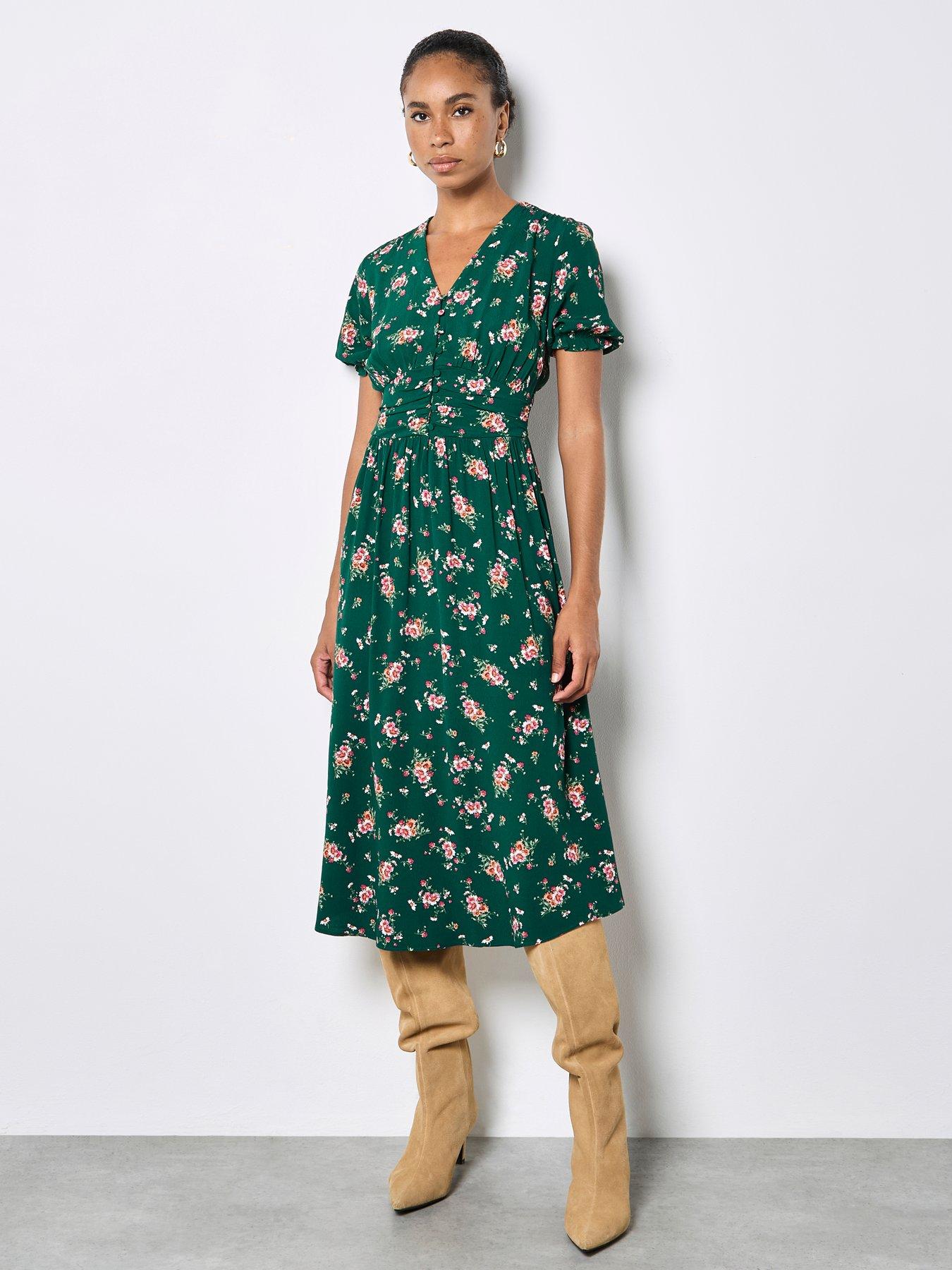 Apricot Midi Milkmaid Tea Dress With Pleated Waist - Green
