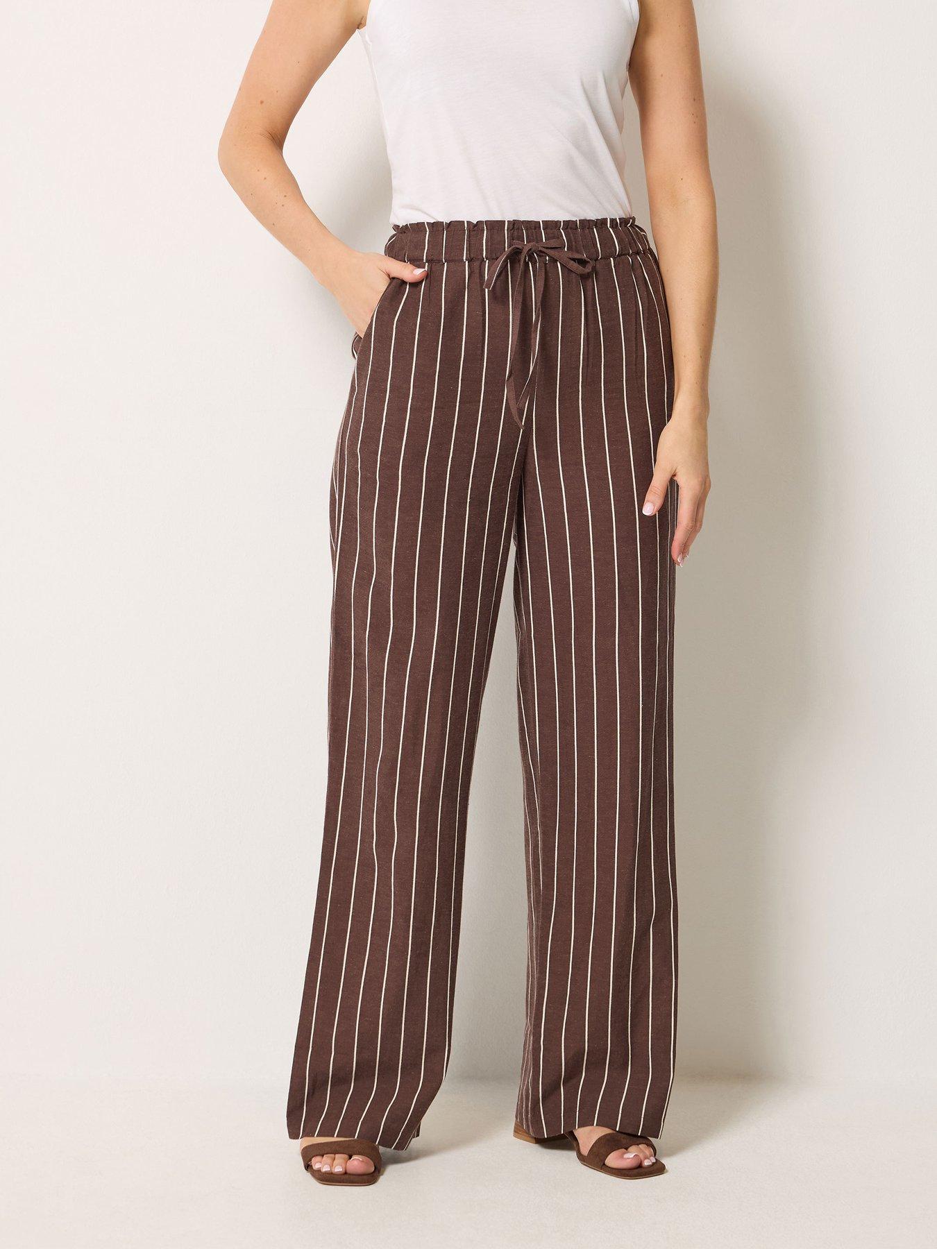 Long Tall Sally Stripe Linen Wide Leg Trousers 36" - Brown