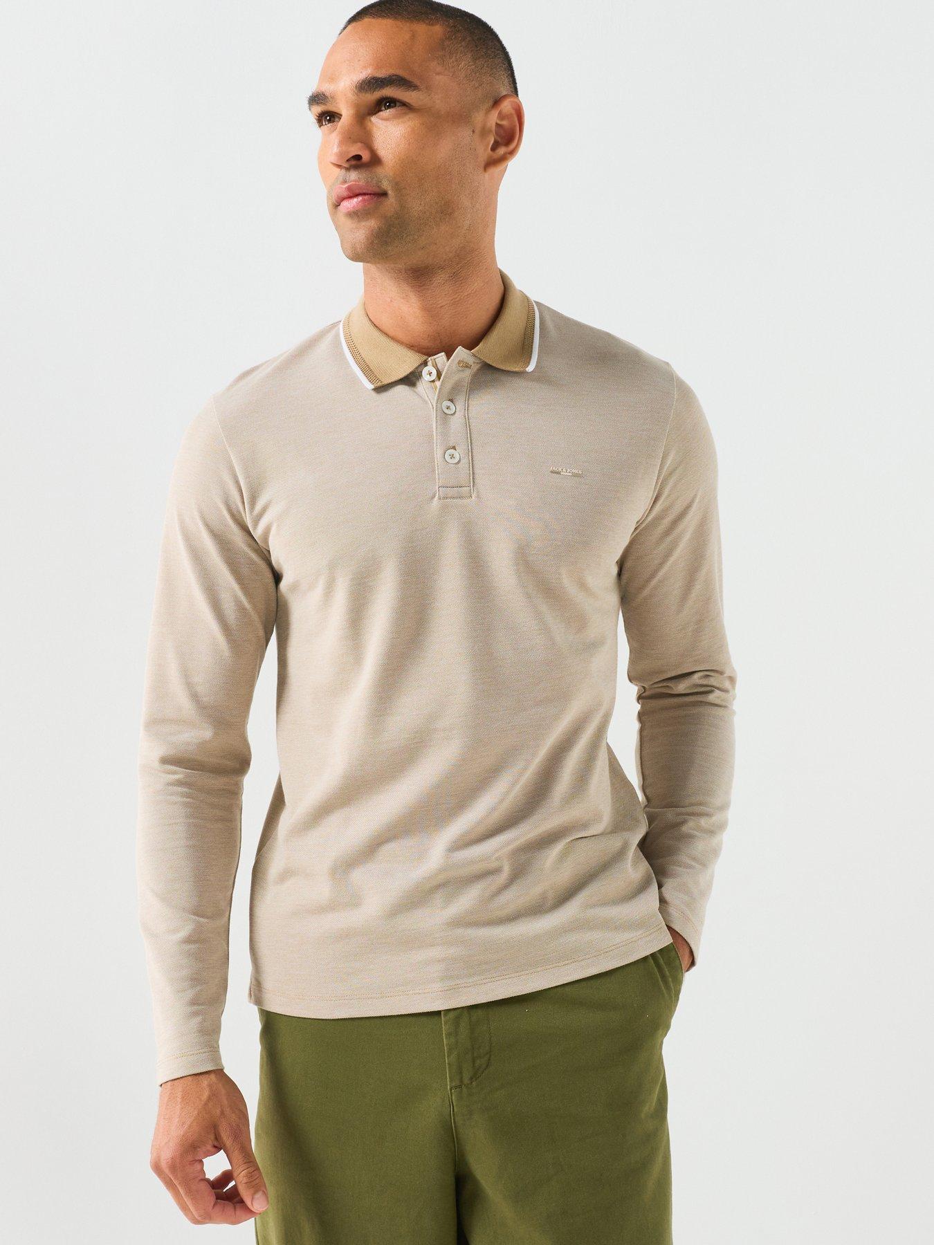 Image 1 of 5 of Jack & Jones Mens Long Sleeve Contrast Collar Polo Shirt - Petrified Oak