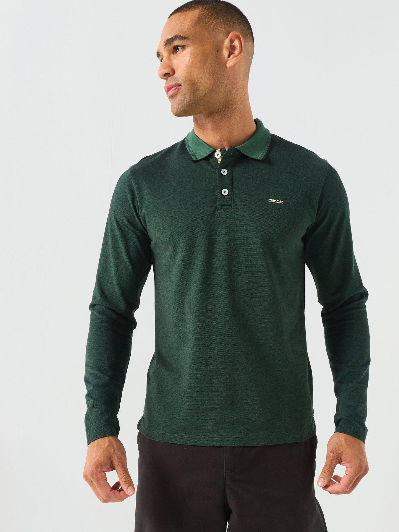 Image 1 of 5 of Jack & Jones Mens Alves Long Sleeve Polo Shirt With Chest Logo - Pineneedle