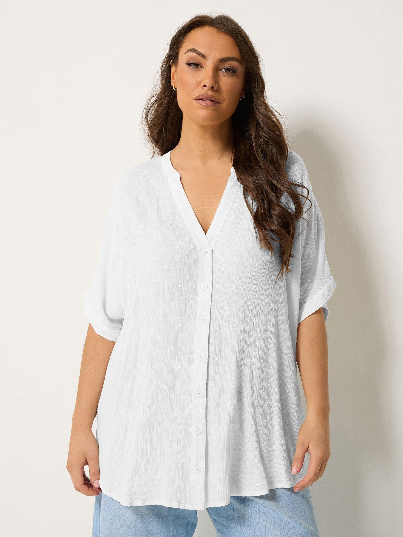 Yours Curve Printed Crinkle Notchneck Top - Cream