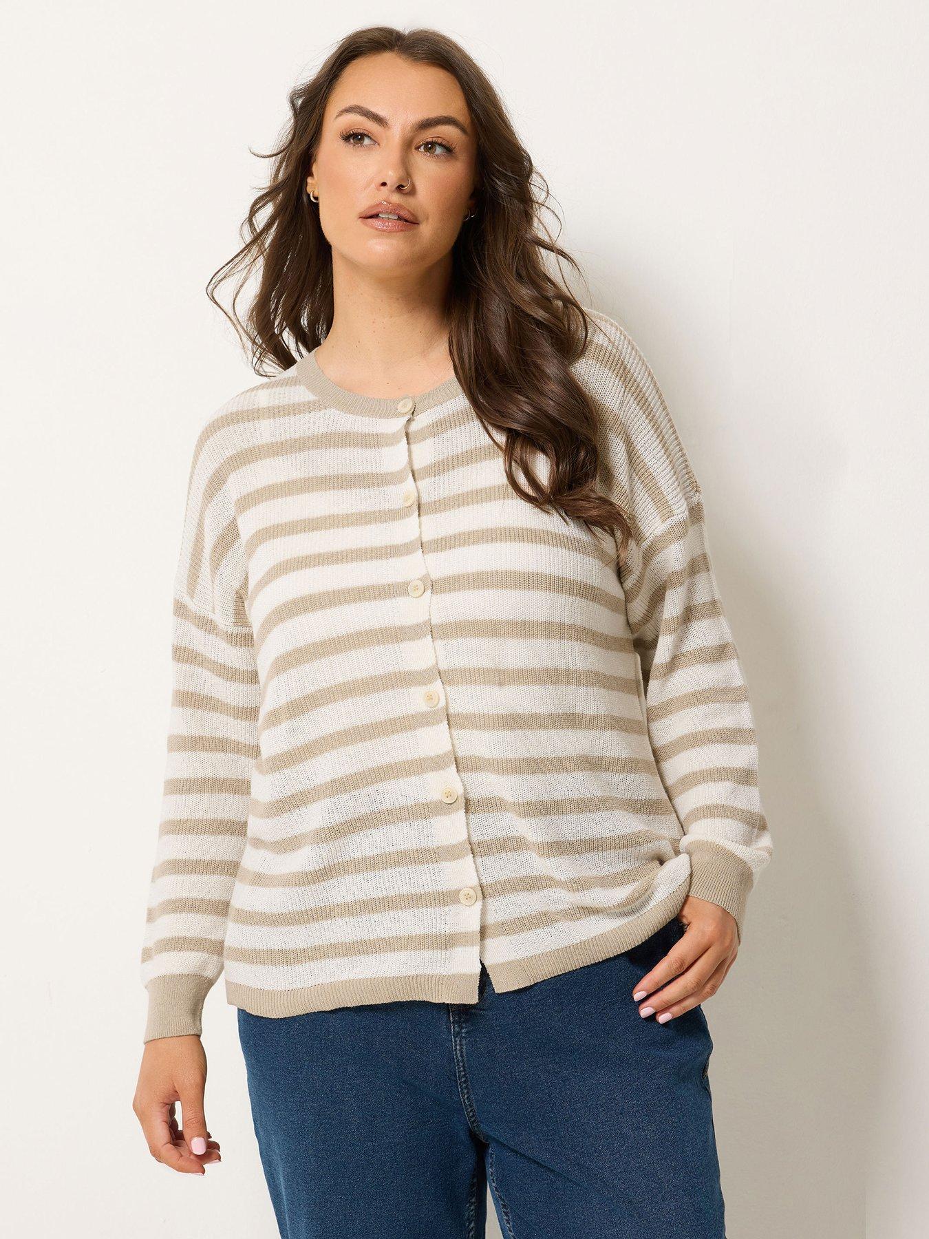 Yours Curve Stripe Print Crew Cardigan - Cream