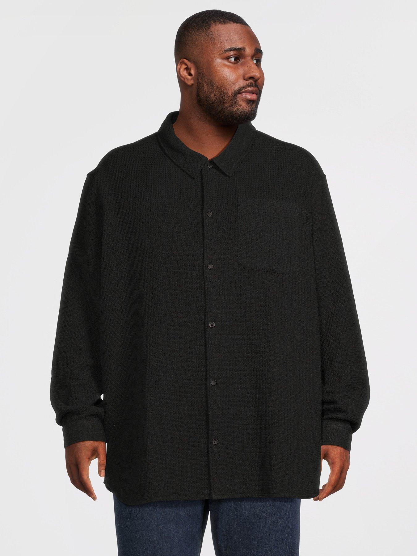 Jack & Jones Men's Plus Waffle Long Sleeve Overshirt with Chest Pocket - Black