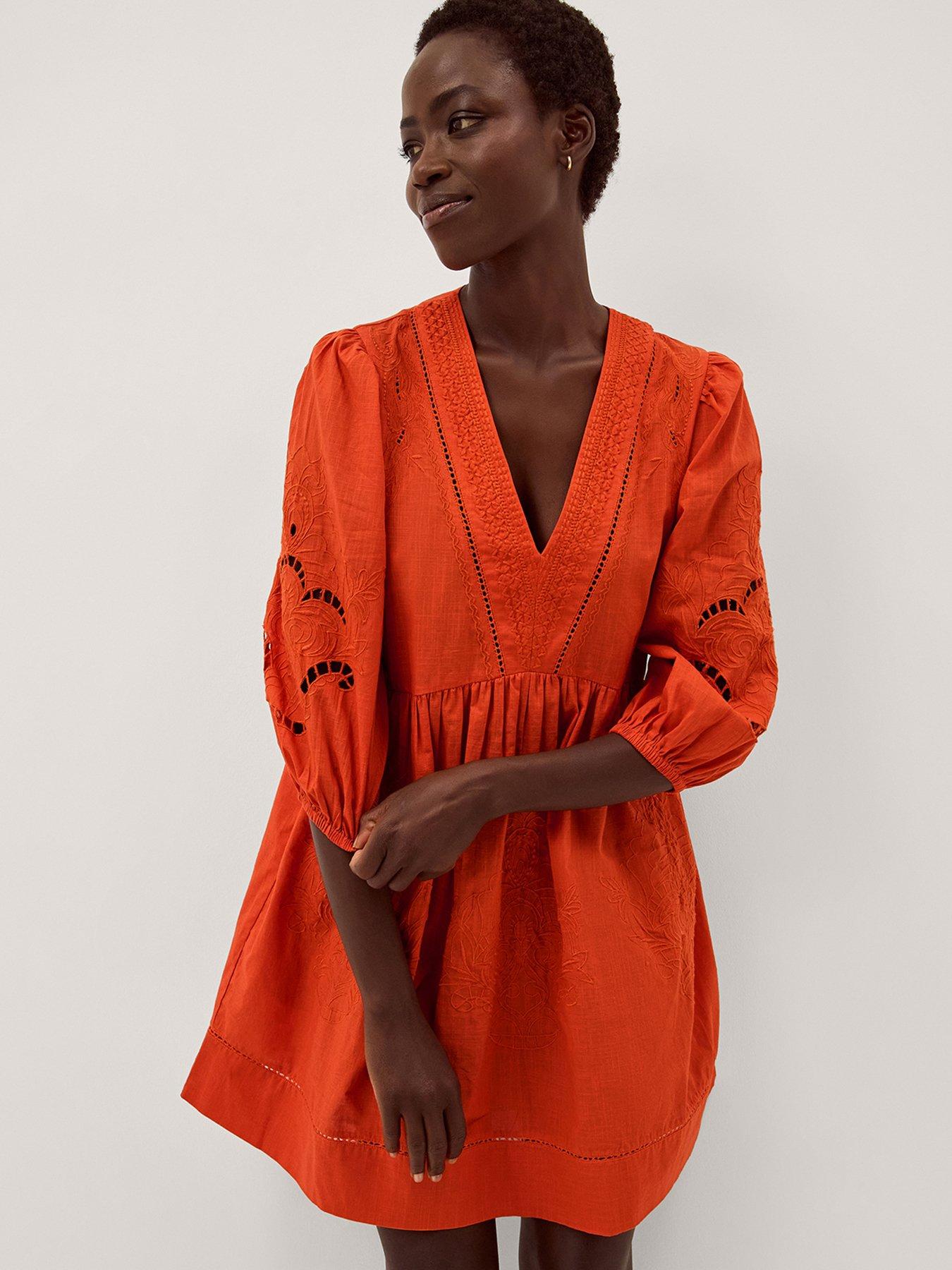 Monsoon Noelle Embroidered Mini Dress - Orange