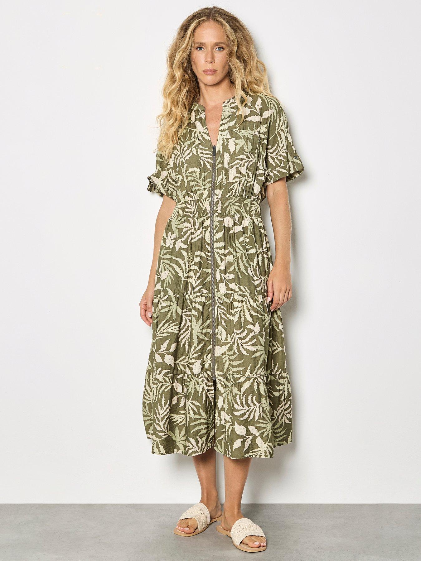 Image 1 of 4 of Apricot Palm Print Zip Front Midaxi Dress - Green