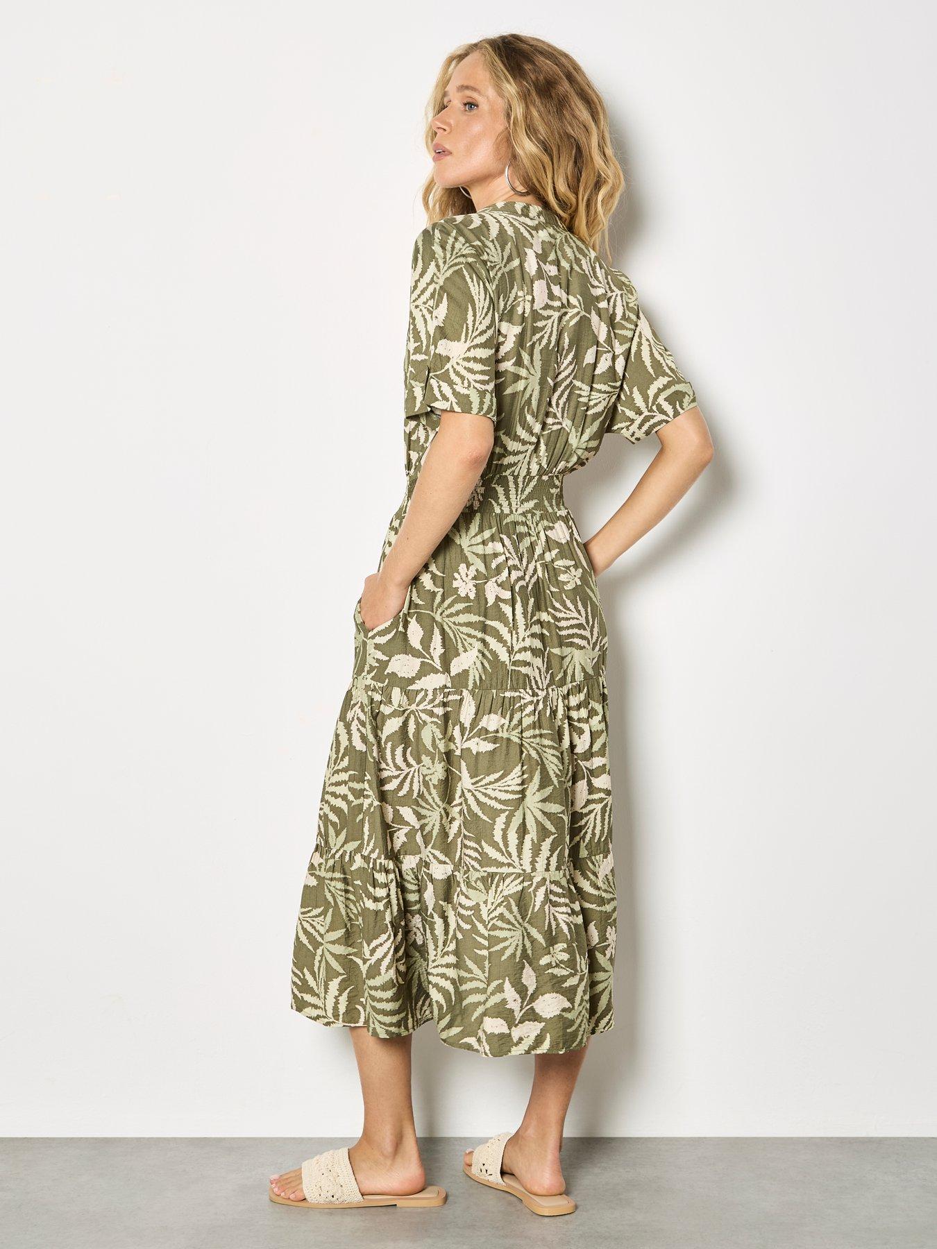 Image 2 of 4 of Apricot Palm Print Zip Front Midaxi Dress - Green