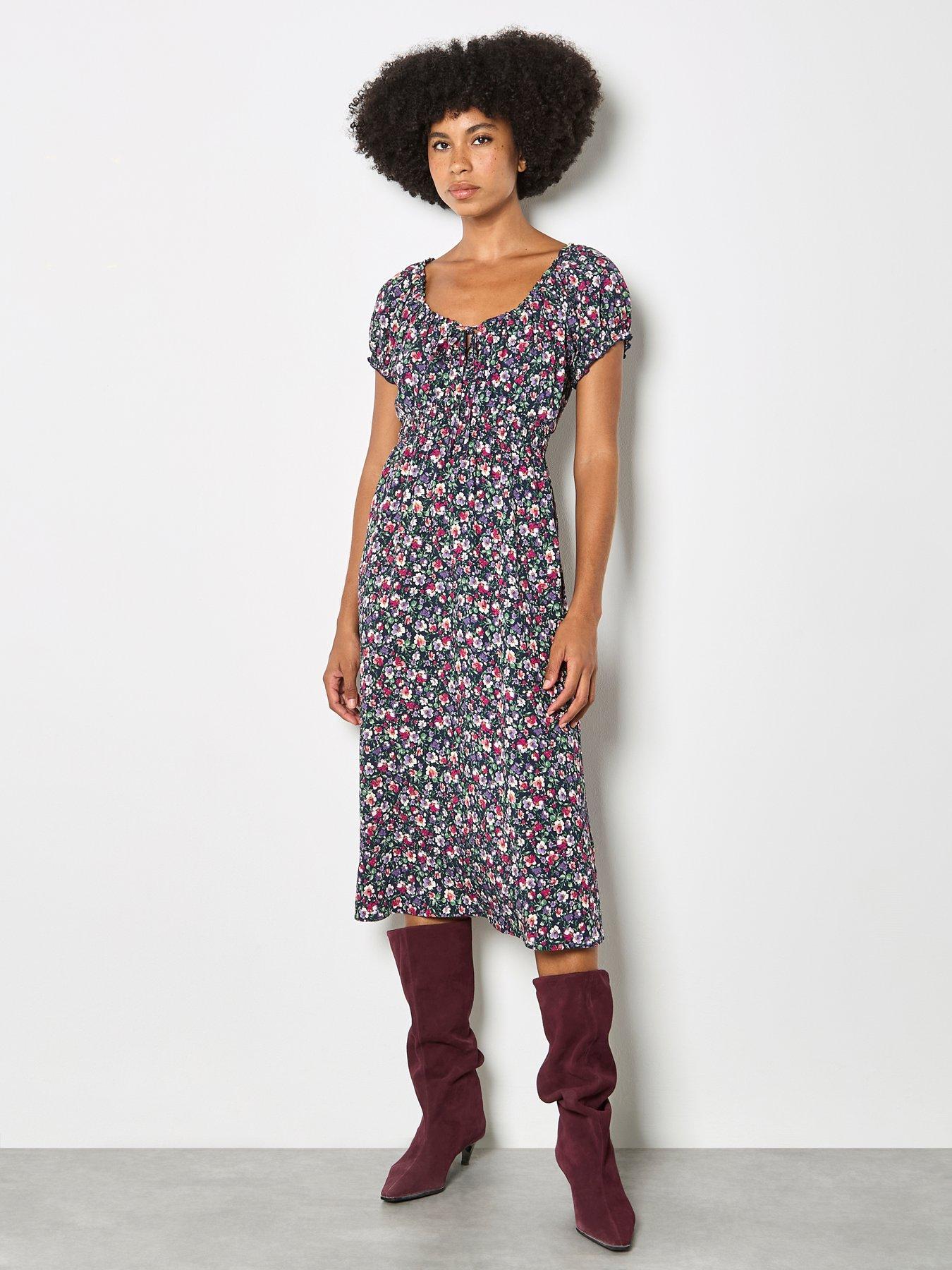 Apricot Ditsy Floral Midi Milkmaid Dress - Purple