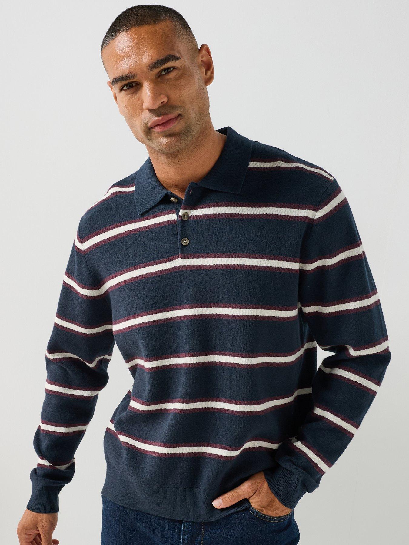 Image 1 of 6 of Jack & Jones Atocha Striped Long Sleeve Knitted Polo Shirt - Navy