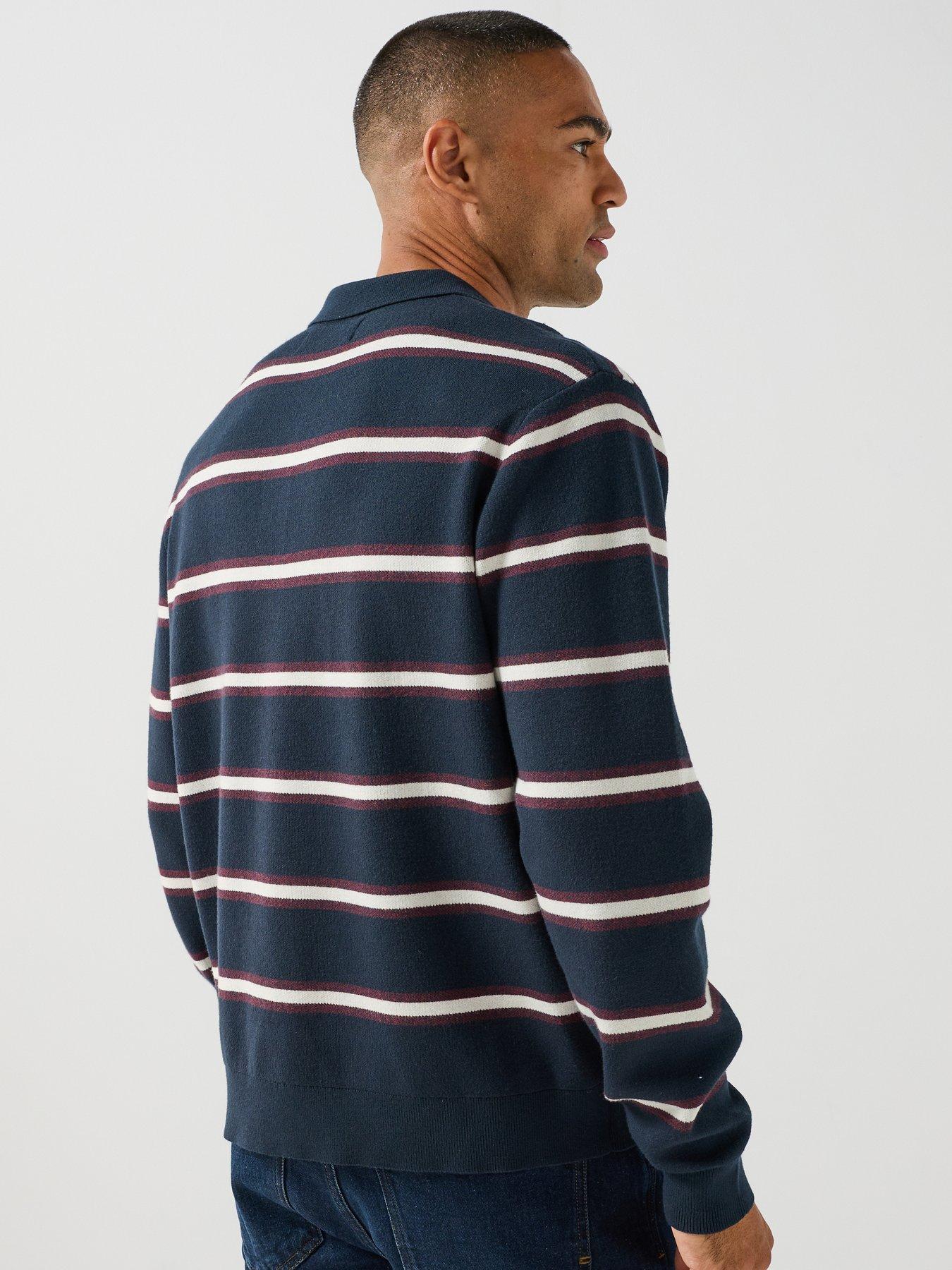 Image 2 of 6 of Jack & Jones Atocha Striped Long Sleeve Knitted Polo Shirt - Navy