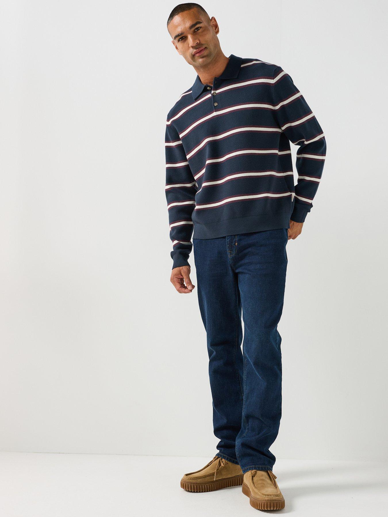Image 3 of 6 of Jack & Jones Atocha Striped Long Sleeve Knitted Polo Shirt - Navy