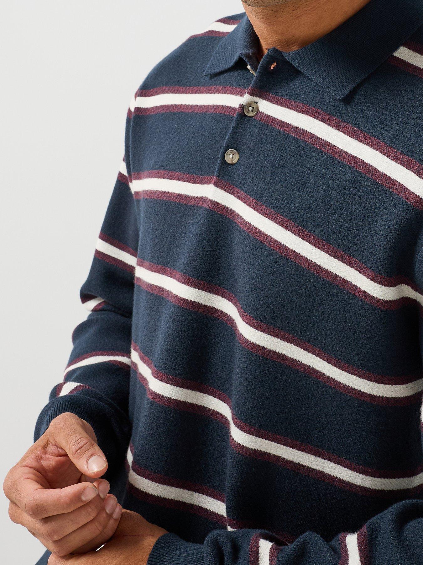 Image 4 of 6 of Jack & Jones Atocha Striped Long Sleeve Knitted Polo Shirt - Navy