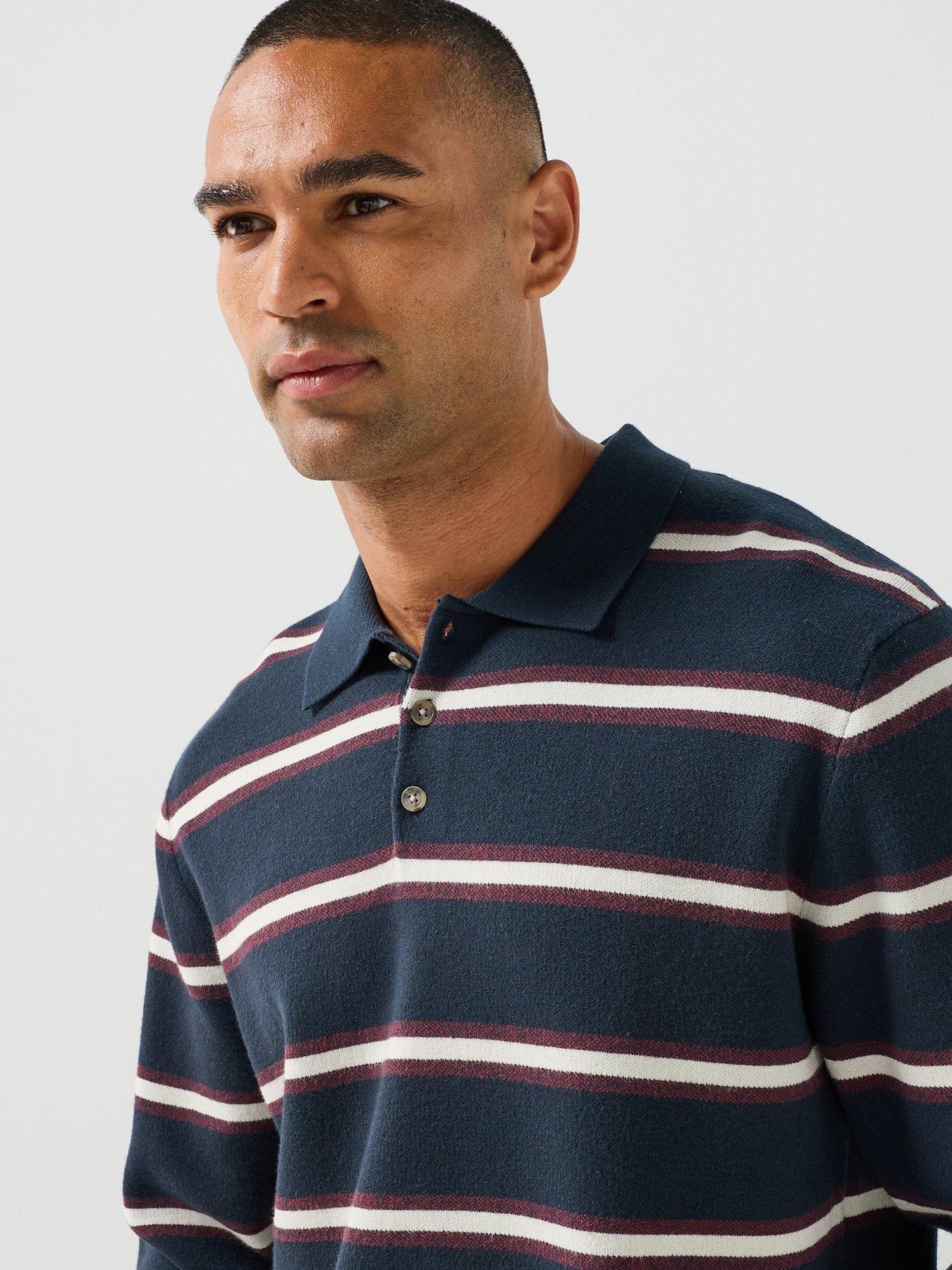 Image 5 of 6 of Jack & Jones Atocha Striped Long Sleeve Knitted Polo Shirt - Navy