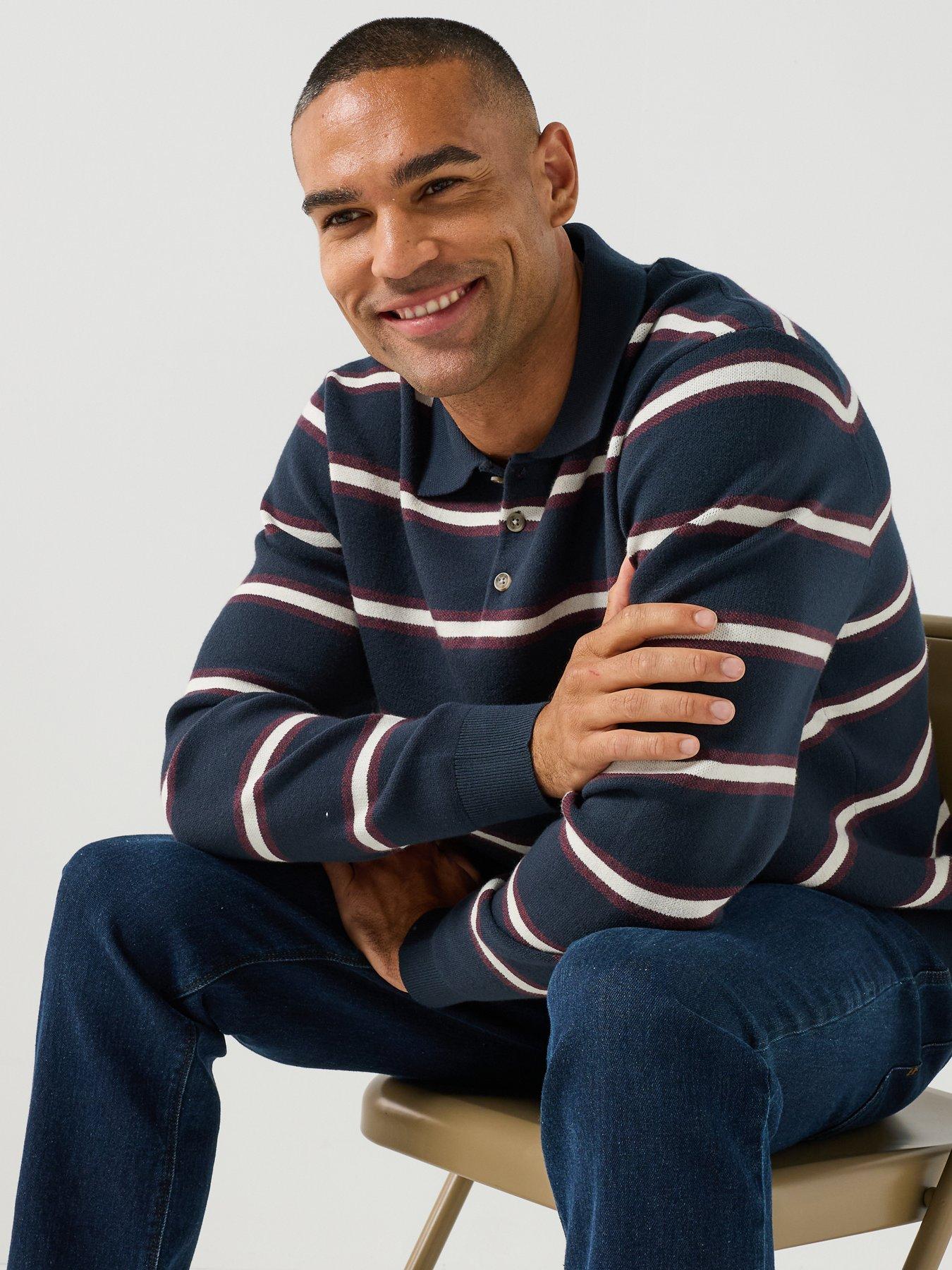 Image 6 of 6 of Jack & Jones Atocha Striped Long Sleeve Knitted Polo Shirt - Navy
