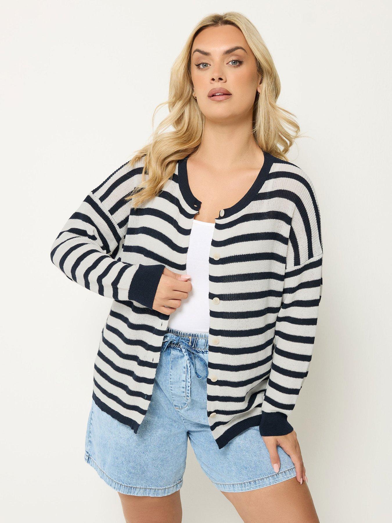 Yours Curve Stripe Print Crew Cardigan - Blue