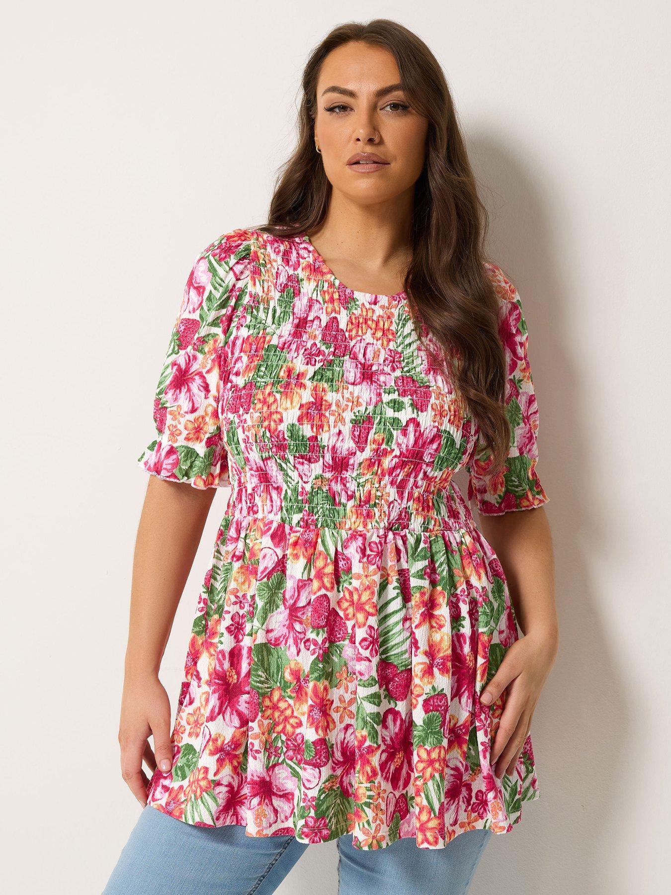 Yours Curve Shirred Puff Sleeve Top - Pink