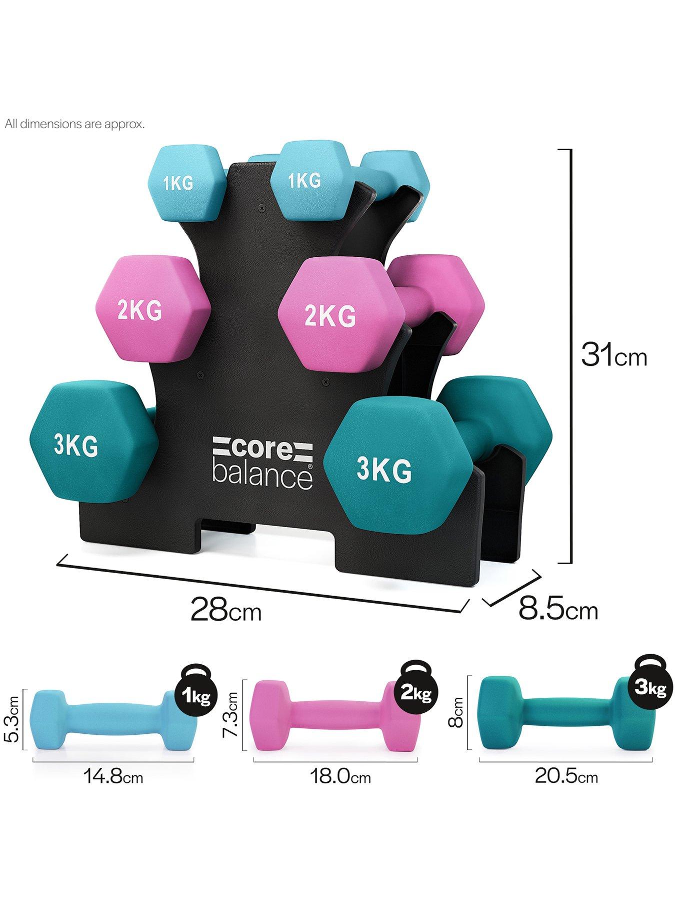 Core Balance Hex Dumbbell Set with Rack - 1kg/3kg/5kg, 18kg Total ...