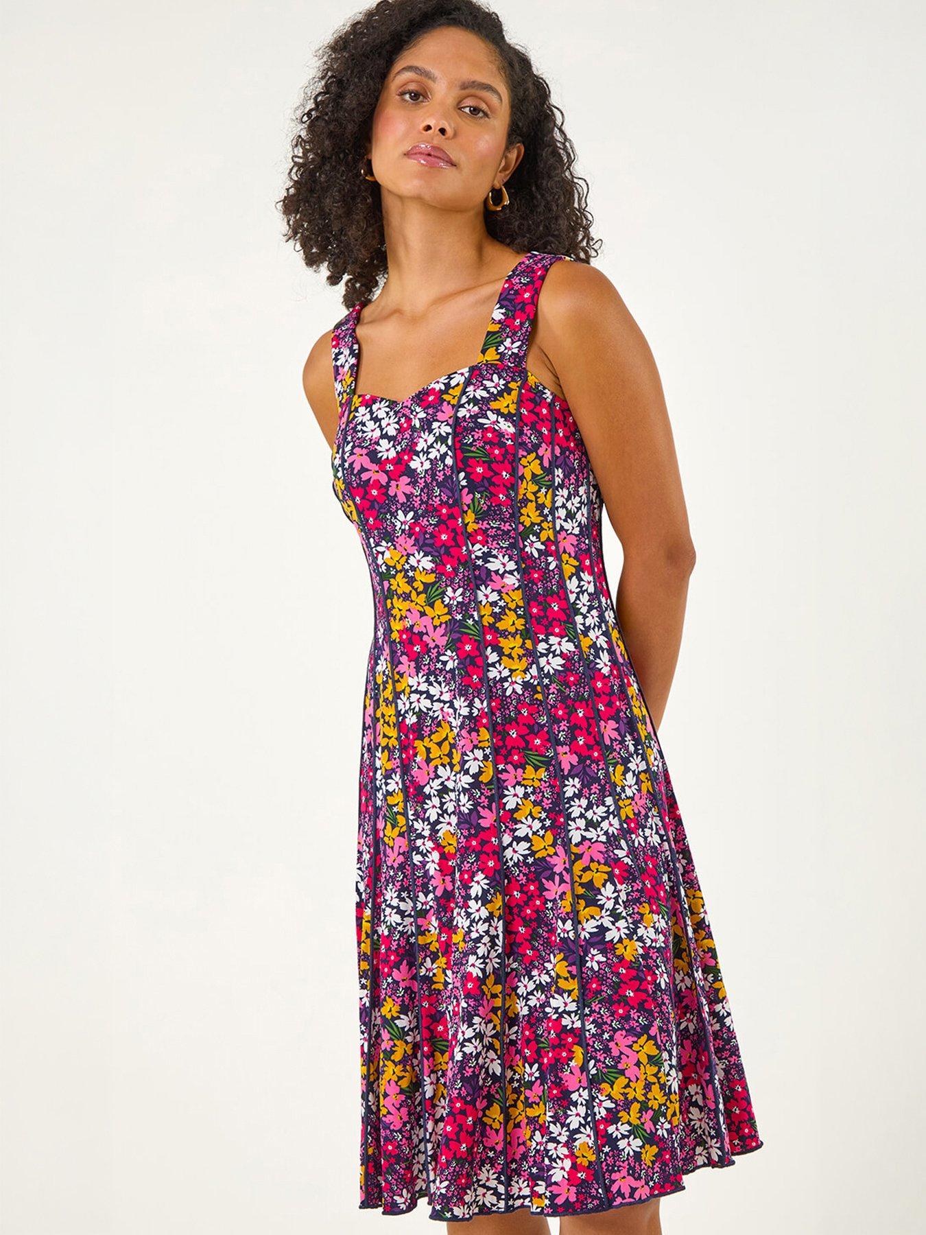 Image 1 of 5 of Roman Floral Print Stretch Panel Dress
