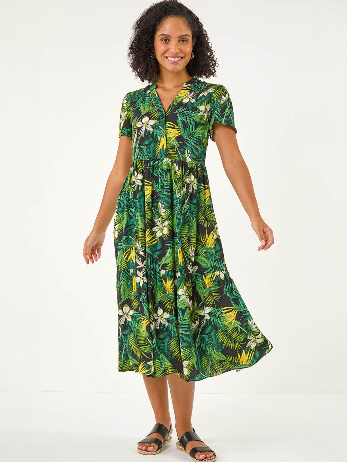 Roman Tropical Leaf Print V-neck Midi Dress