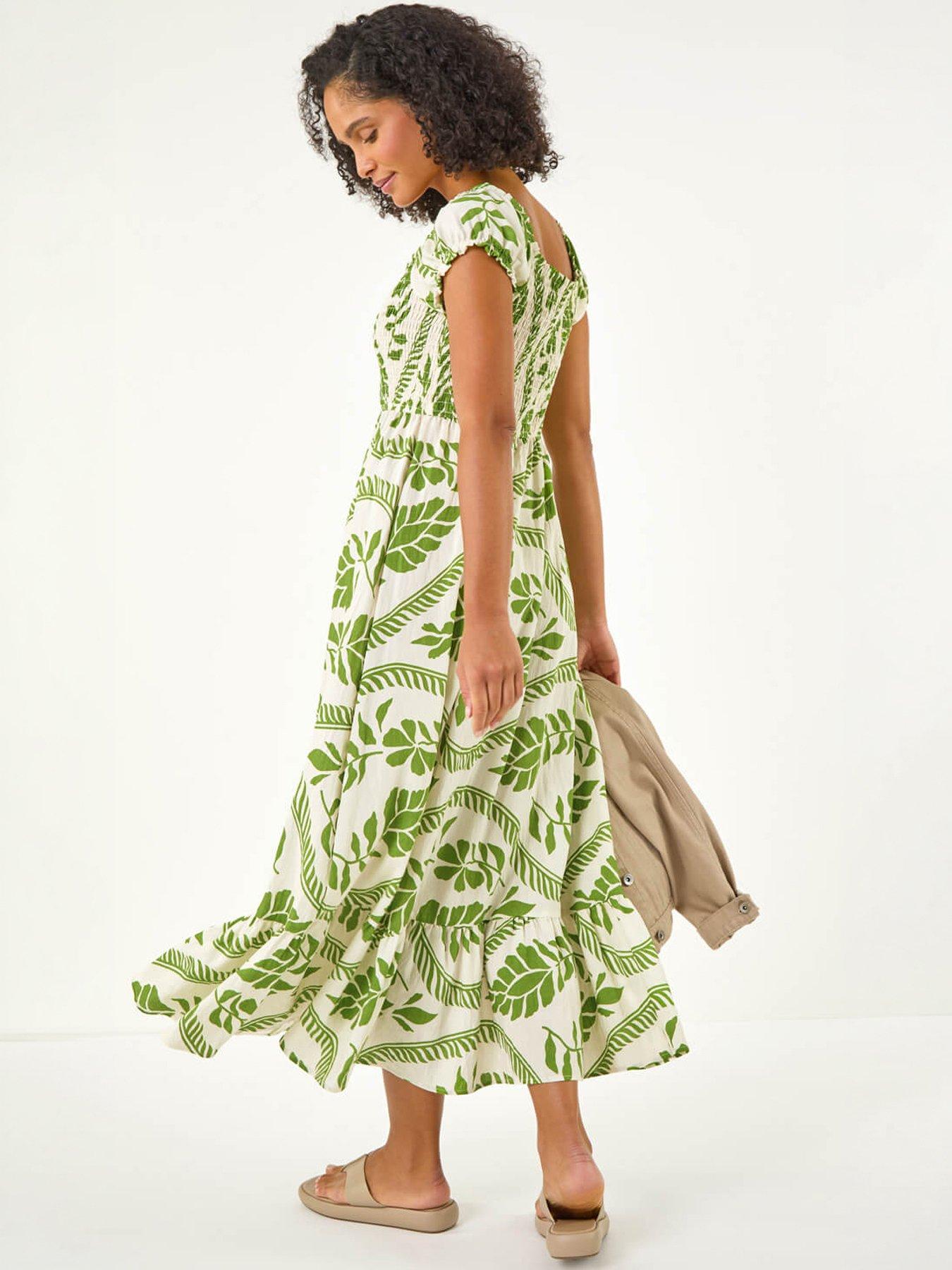 Image 1 of 5 of Roman Leaf Print Shirred Maxi Dress