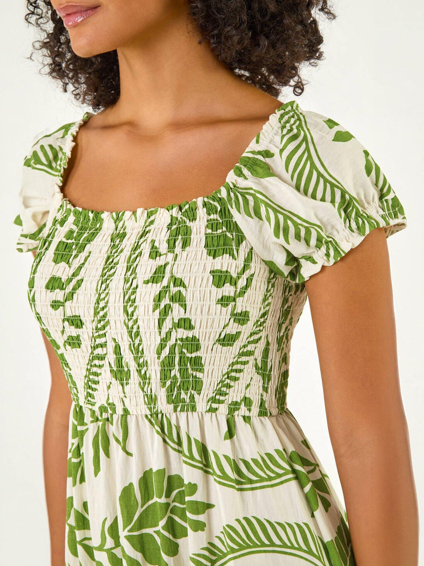 Image 2 of 5 of Roman Leaf Print Shirred Maxi Dress