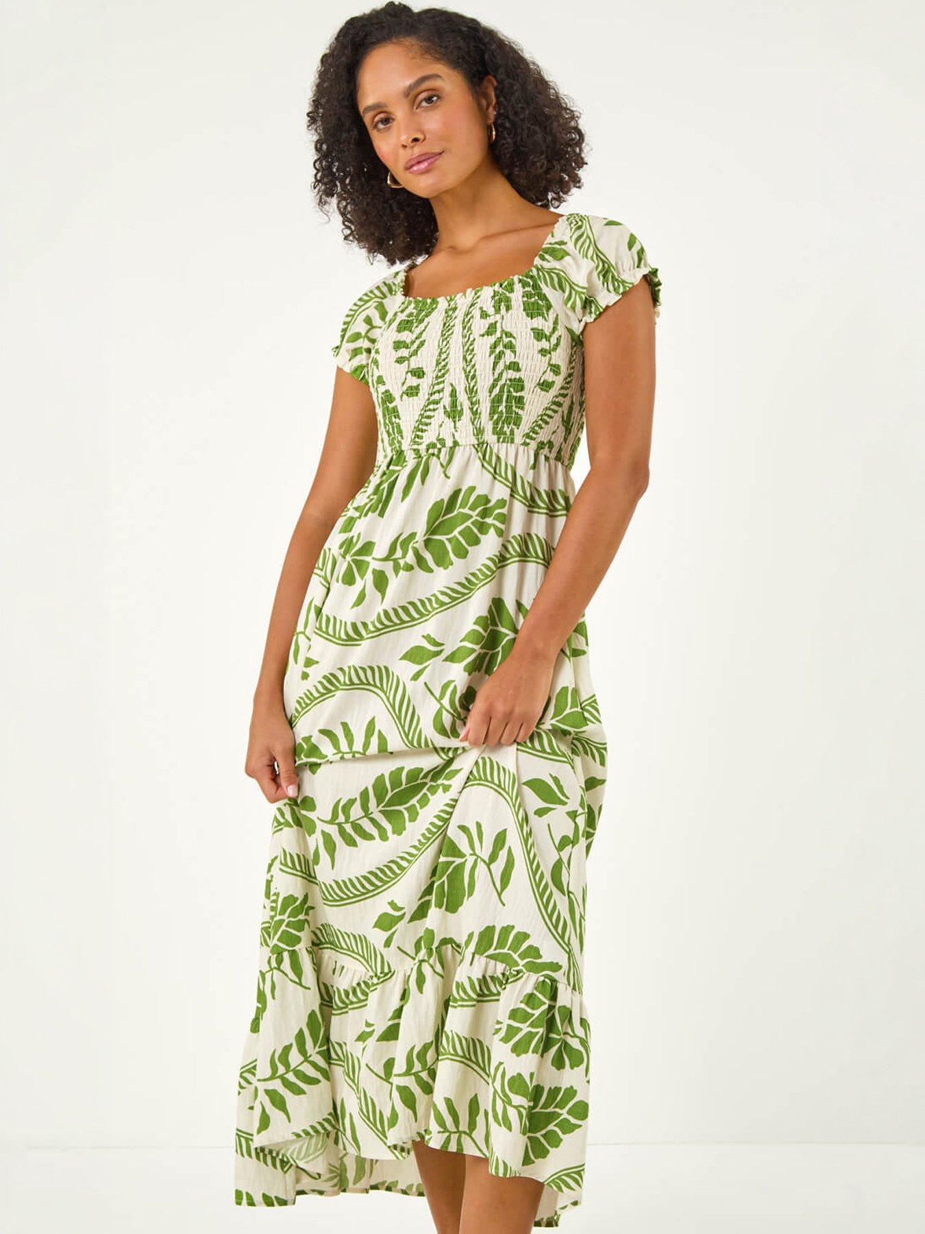 Image 5 of 5 of Roman Leaf Print Shirred Maxi Dress