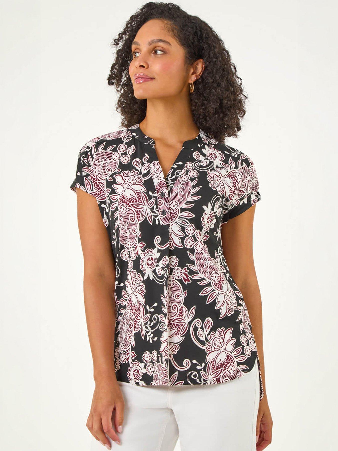 Roman Floral Puff Print Lace Stretch Top
