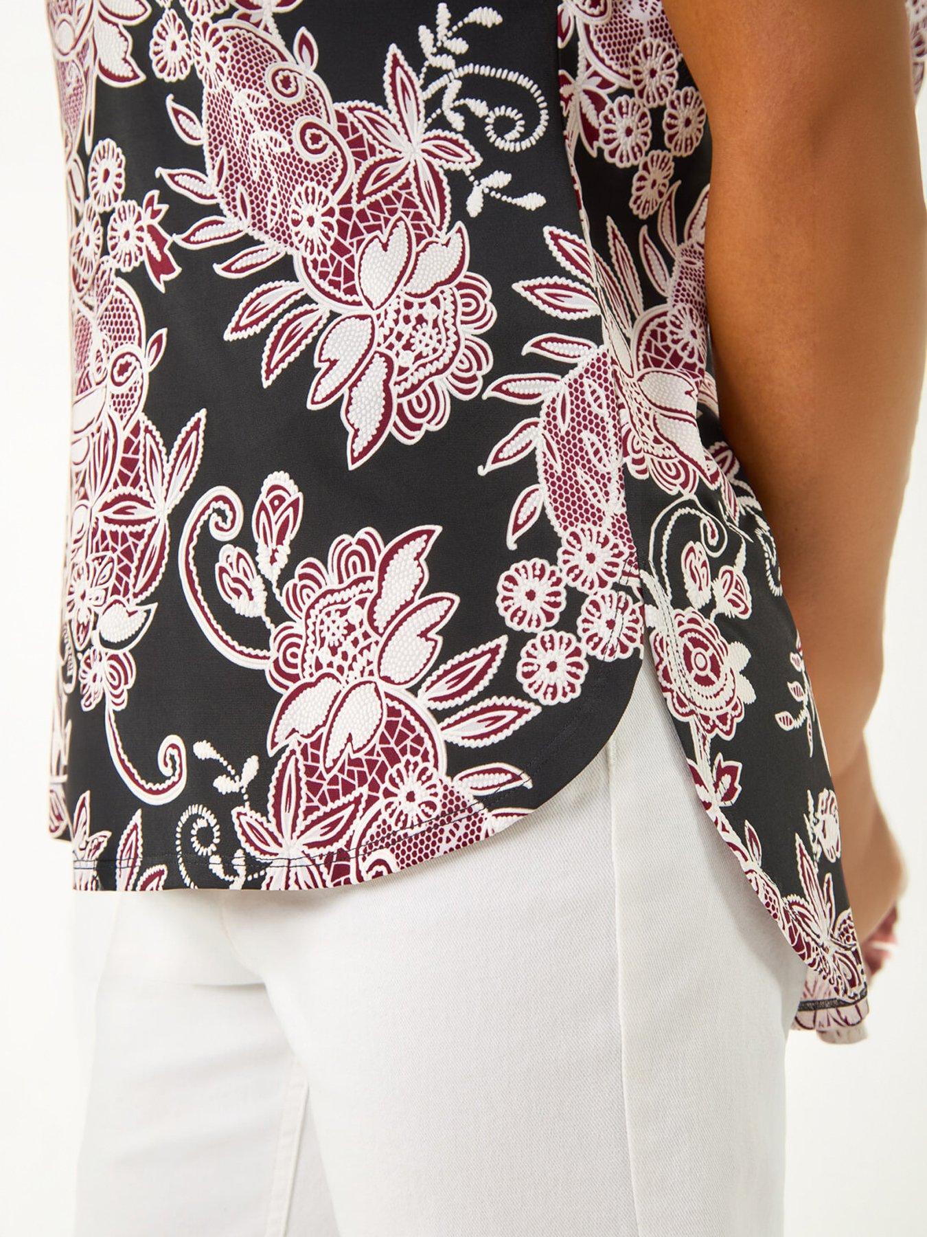 stillFront image of roman-floral-puff-print-lace-stretch-top