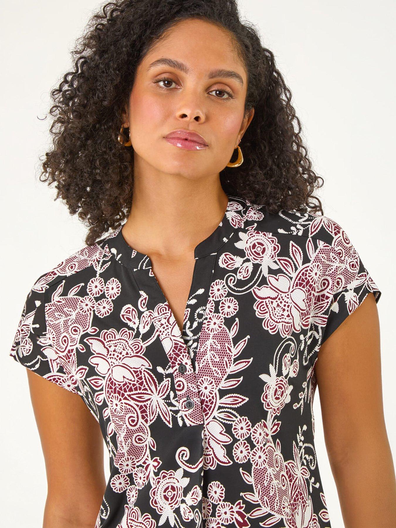  image of roman-floral-puff-print-lace-stretch-top