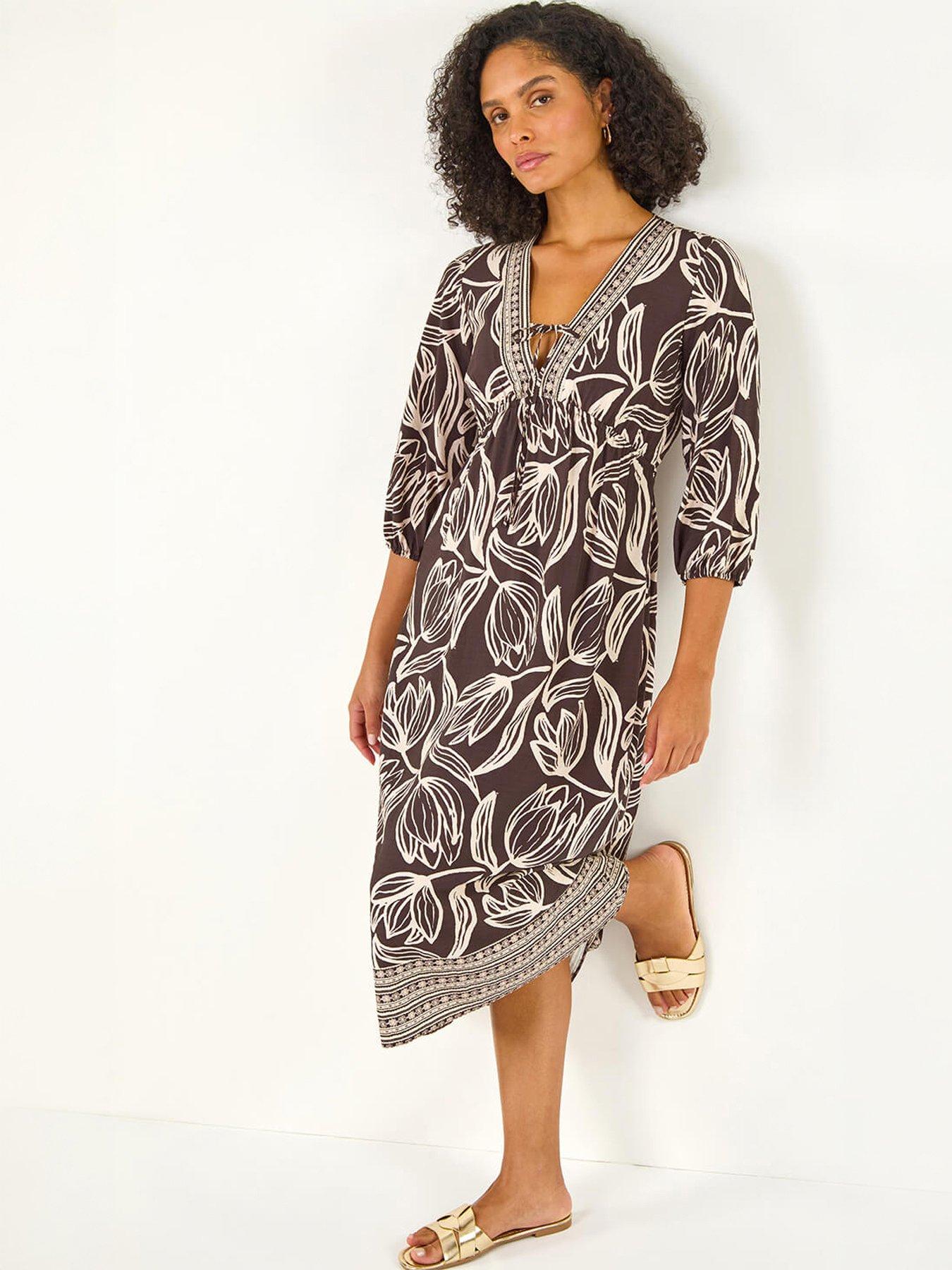 Roman Leaf Border Print V-neck Midi Dress