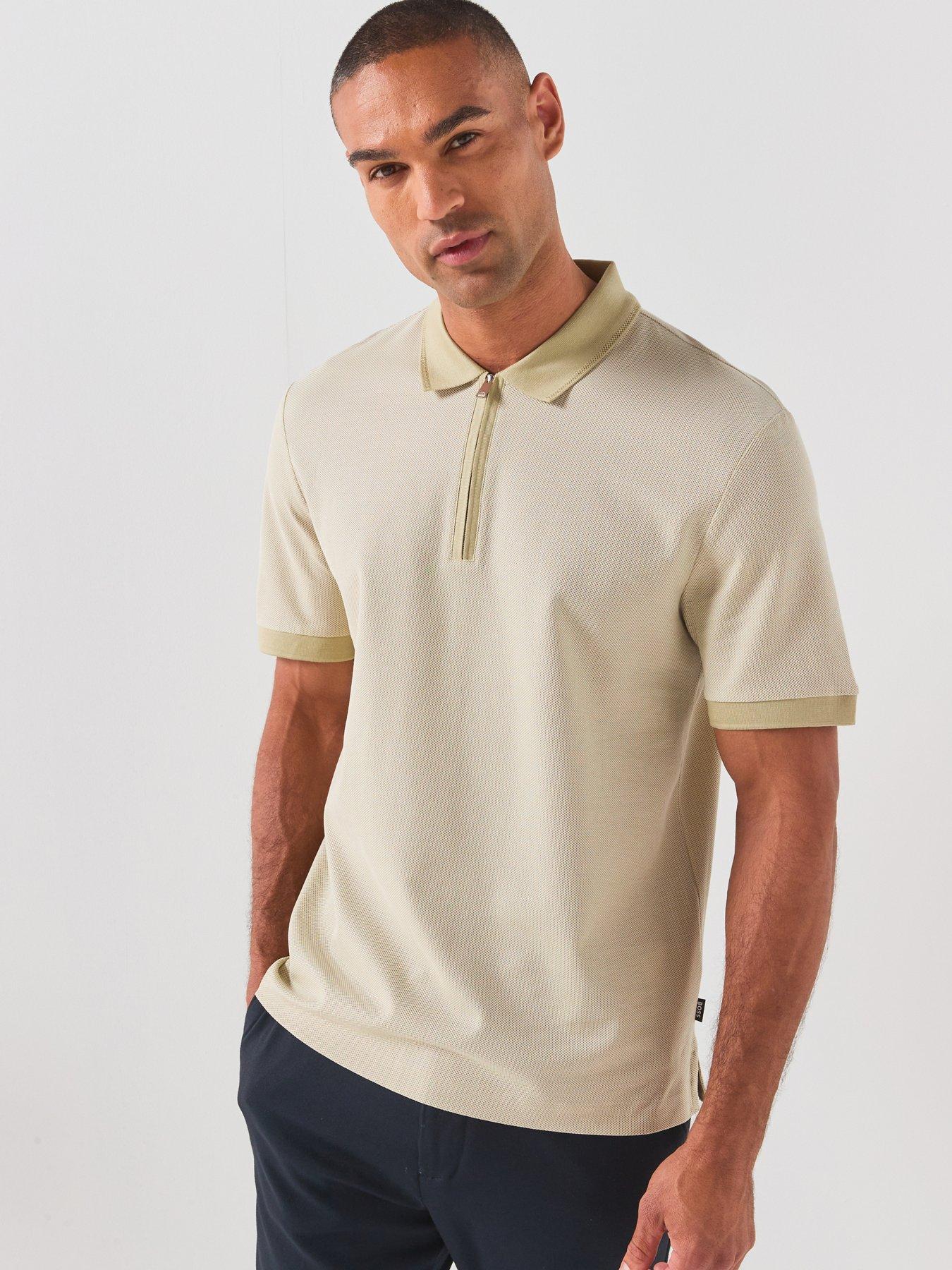 BOSS Zip Neck Jacquard Polo Shirt - Dark Beige