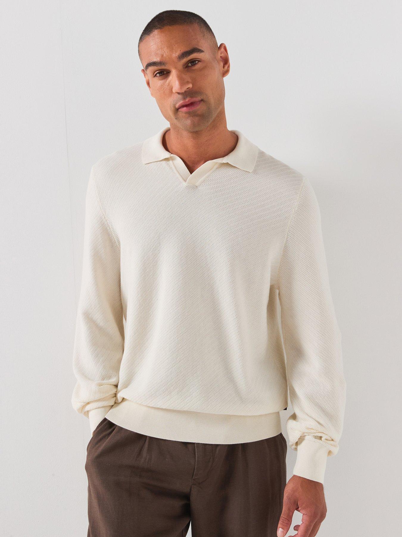 BOSS Open Neck Long Sleeve Knitted Polo Shirt - Open White